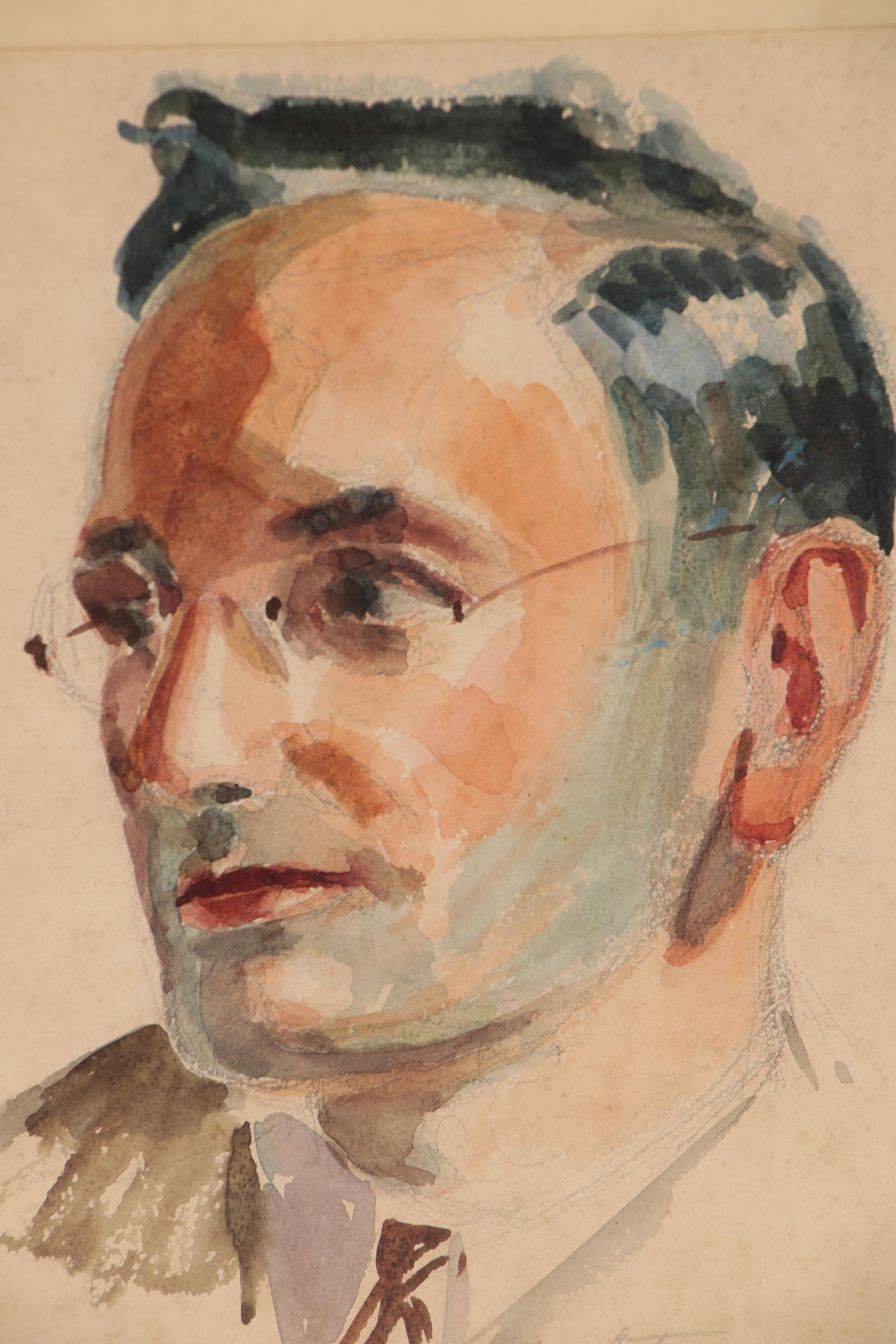 Robert Whitmore Watercolor Painting of Man with Glasses, Circa 1940