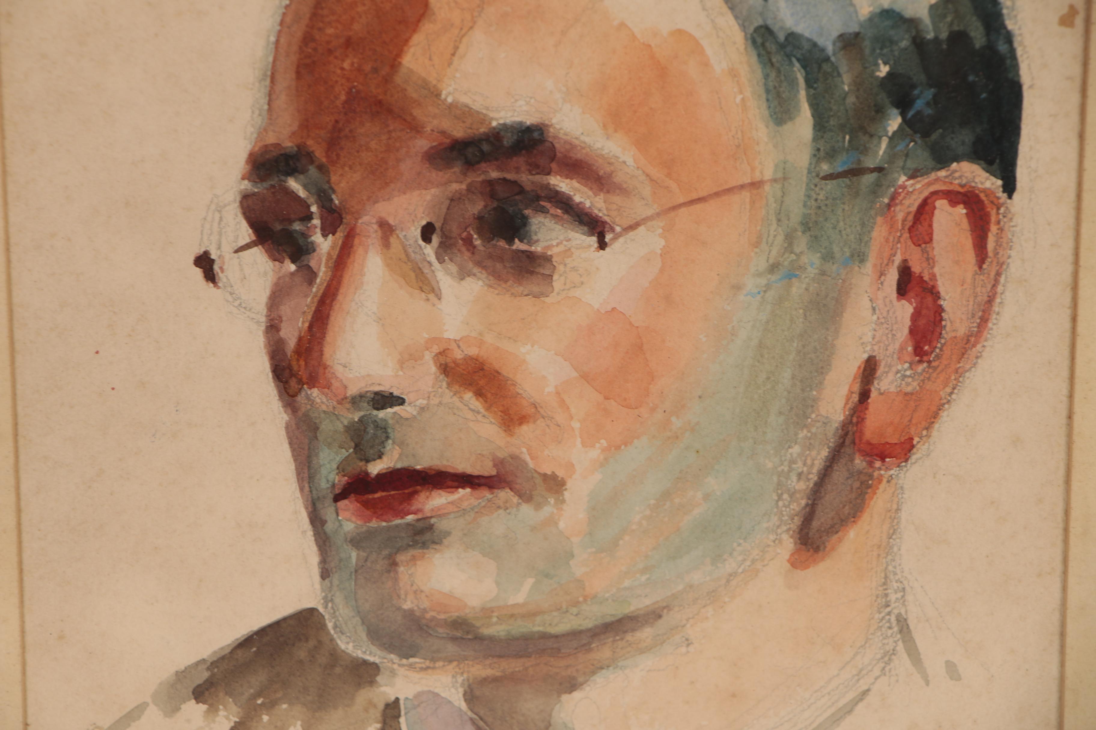 Robert Whitmore Watercolor Painting of Man with Glasses, Circa 1940