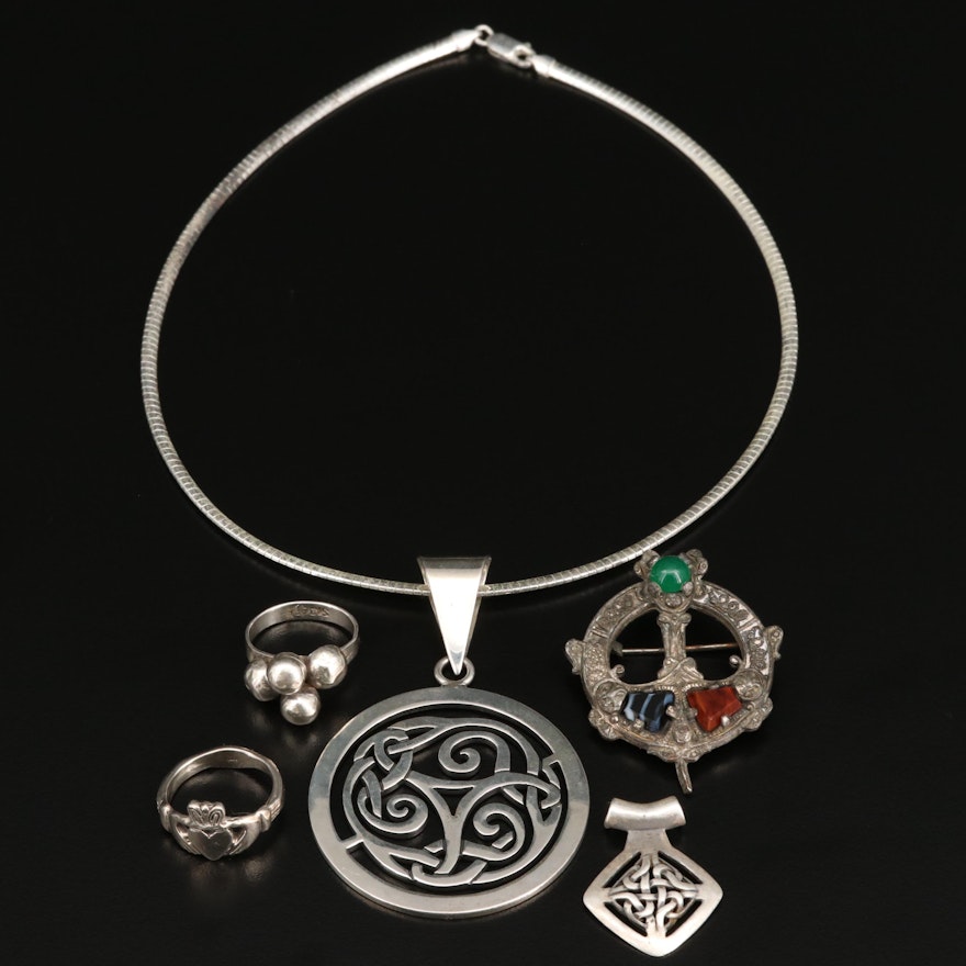 Sterling Silver Jewelry Including Celtic Knot Pendant Necklace and Claddagh Ring