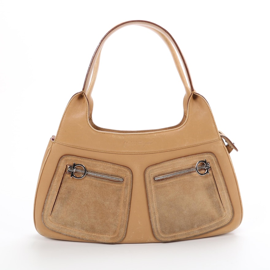 Salvatore Ferragamo Tan Leather and Suede Shoulder Bag with Gancini Zippers