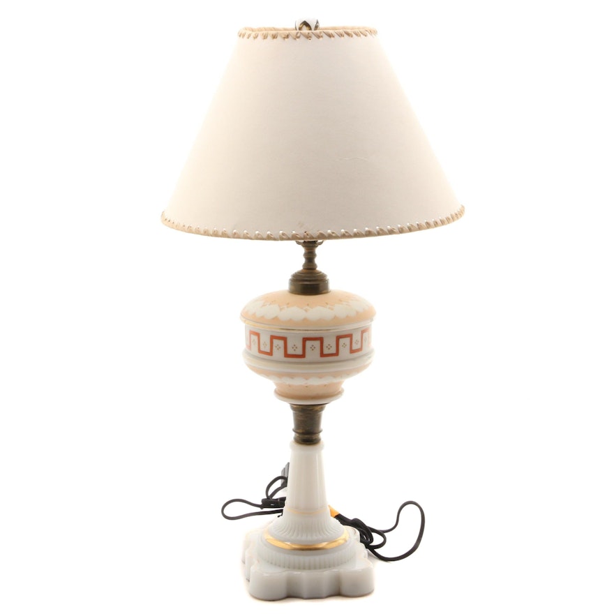 Converted Hand Painted Milk Glass Oil Lamp, Mid to Late 19th Century