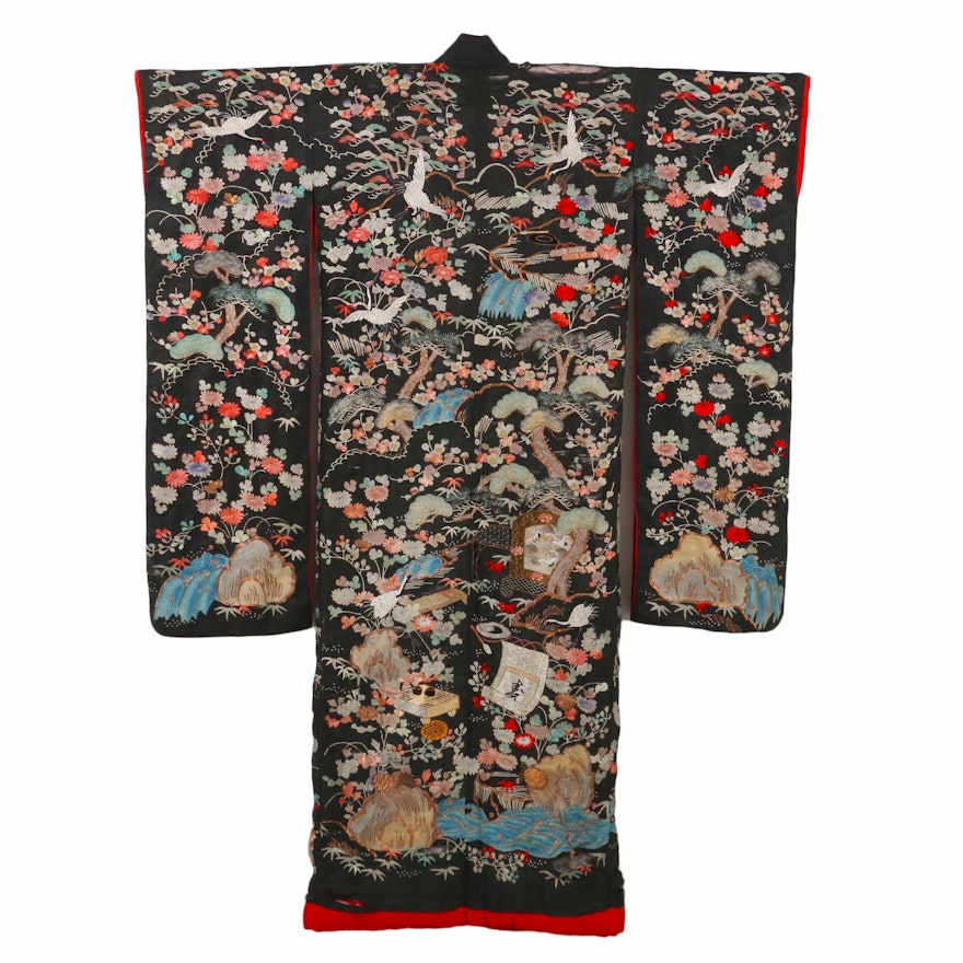 Japanese Meiji Period Ceremonial Uchikake Hand Embroidered Silk