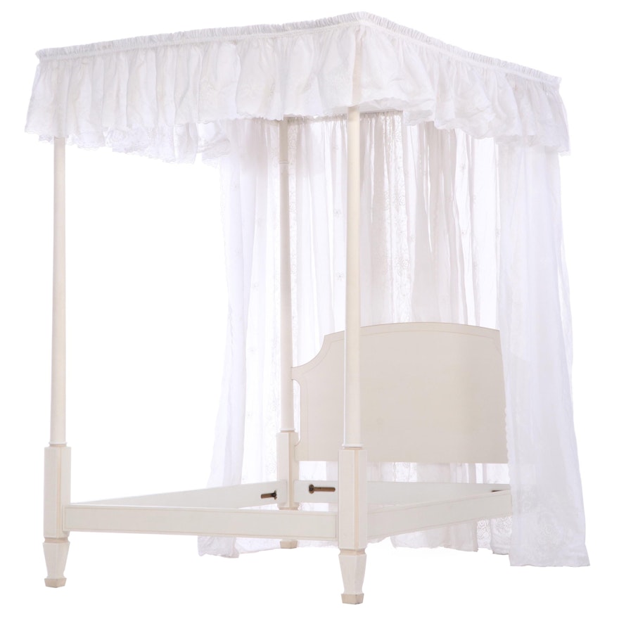 Ivory-Painted Four-Post Bed Frame with Canopy and Linen Drapery, 20th Century