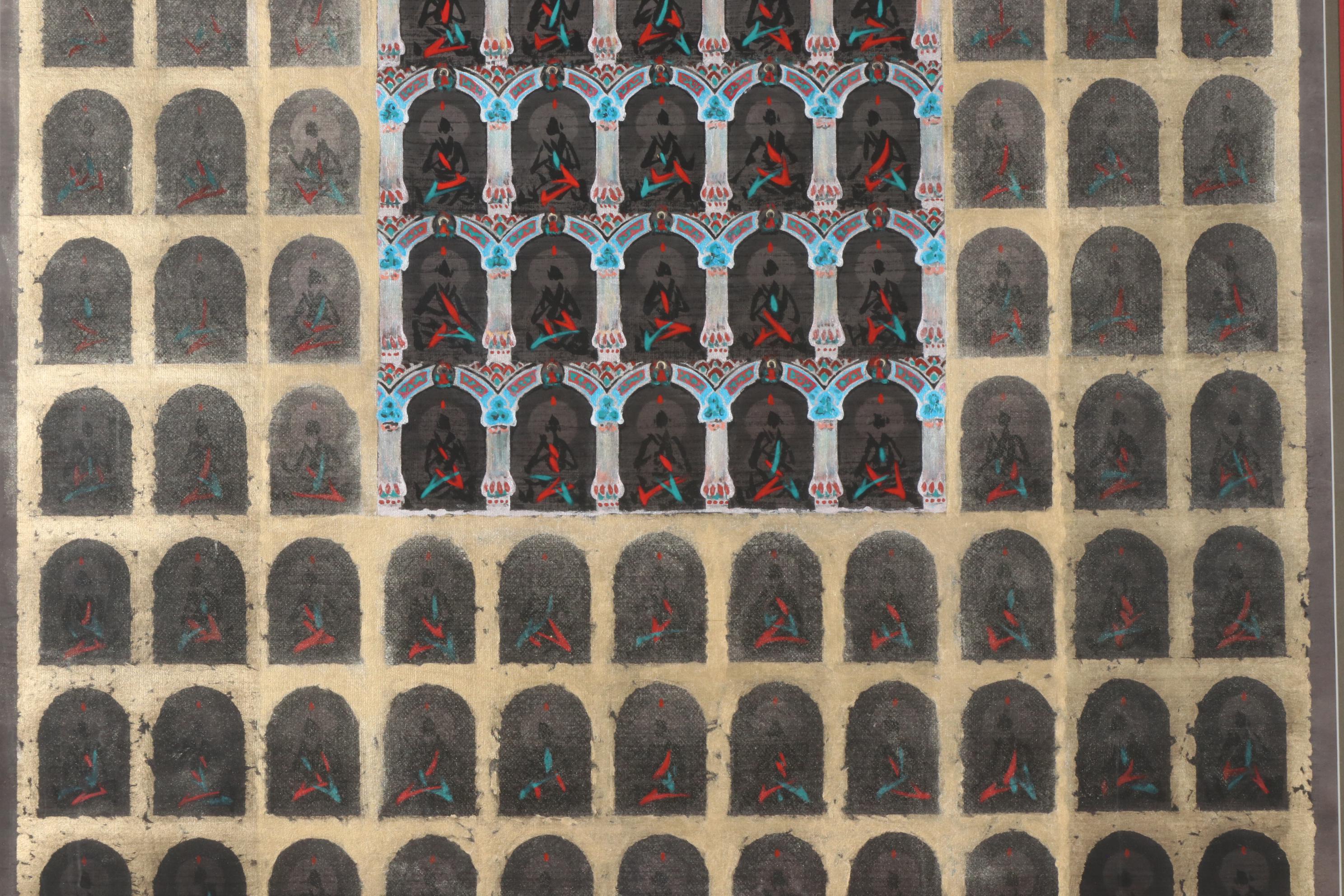 Tan Chin-Chin Oil Painting with Gold Leaf of Abstract Buddhist Figures