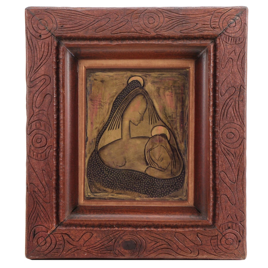 Angel Botello Oil and Gold Leaf Painting of Mother and Child, Mid 20th Century