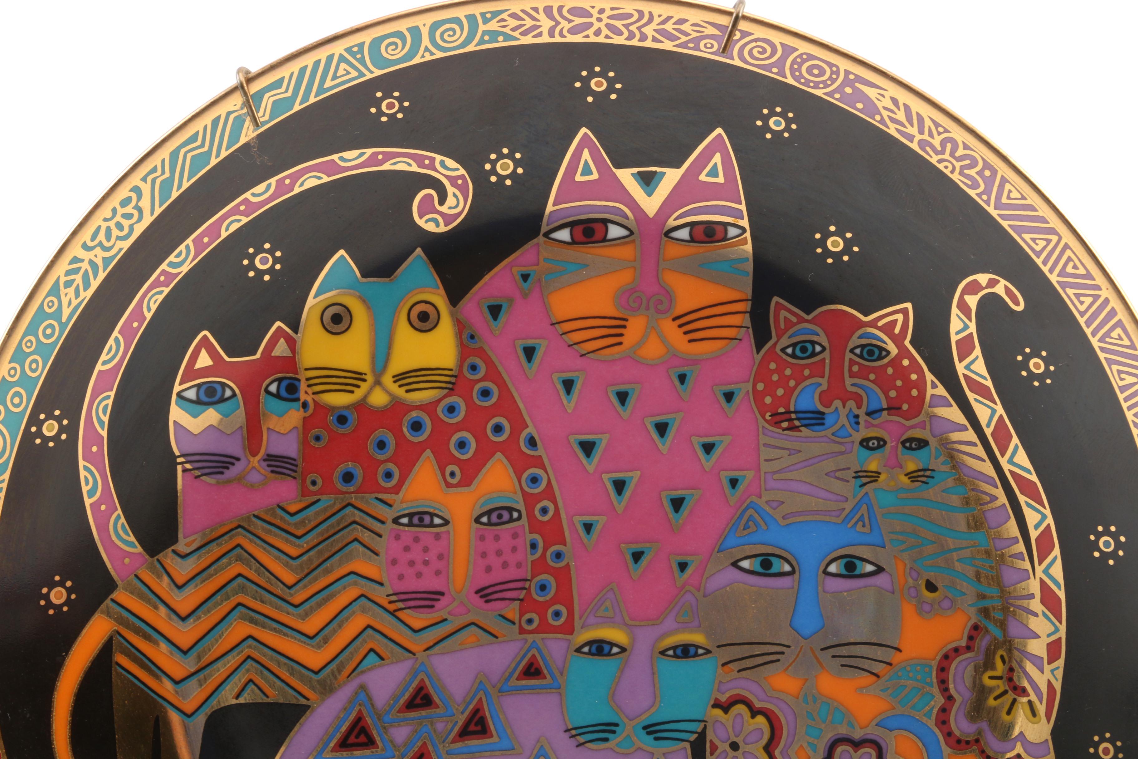 Laurel Burch Scarf "Fabulous Feline" Plate with Other Cat Figurines and Scarf
