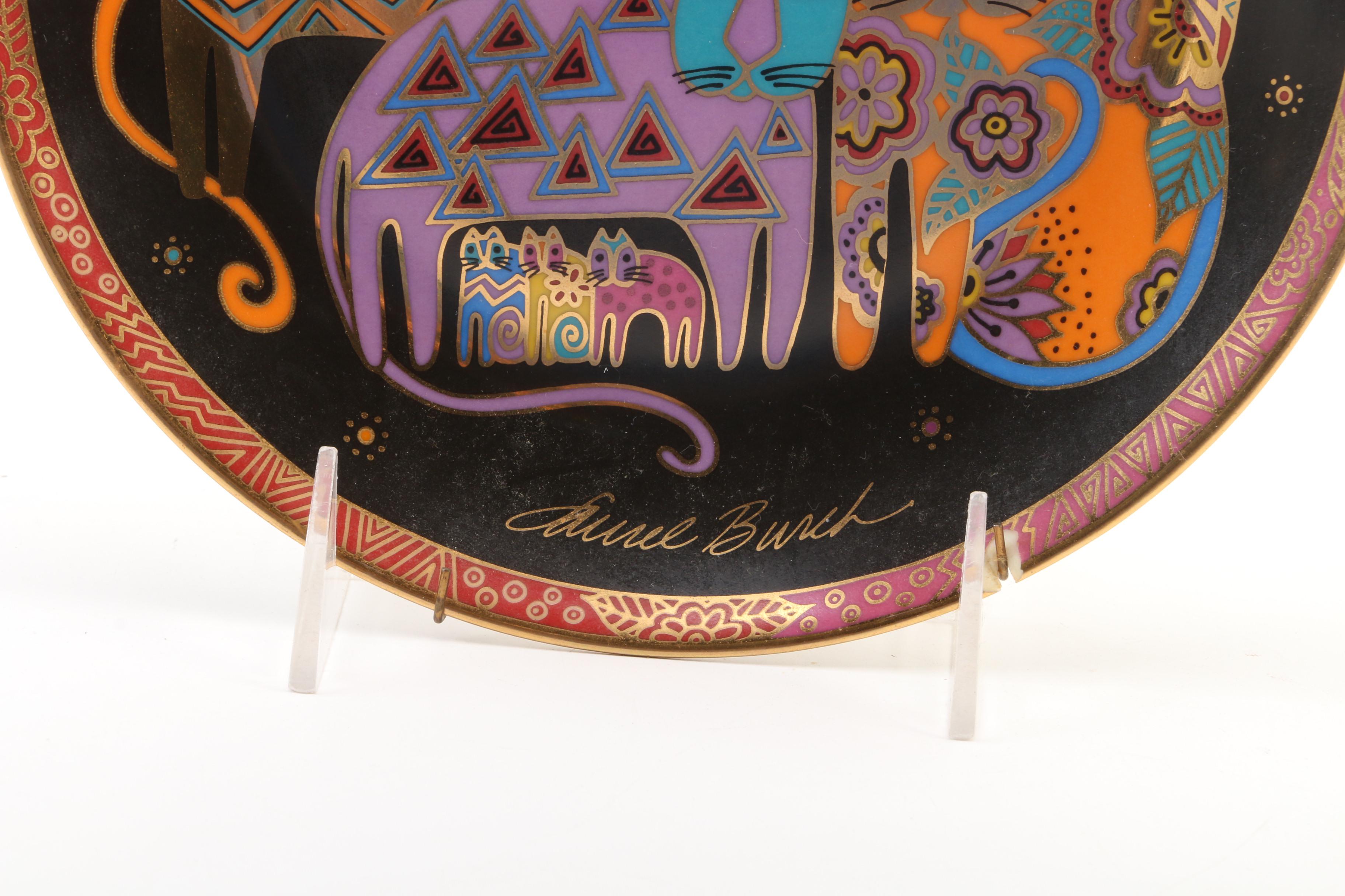 Laurel Burch Scarf "Fabulous Feline" Plate with Other Cat Figurines and Scarf