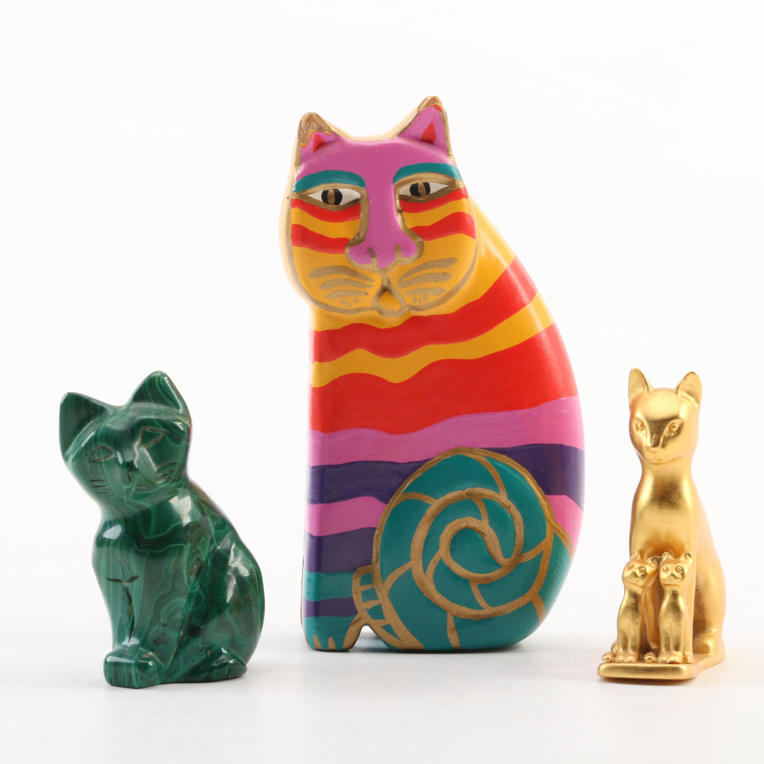 Laurel Burch Scarf "Fabulous Feline" Plate with Other Cat Figurines and Scarf