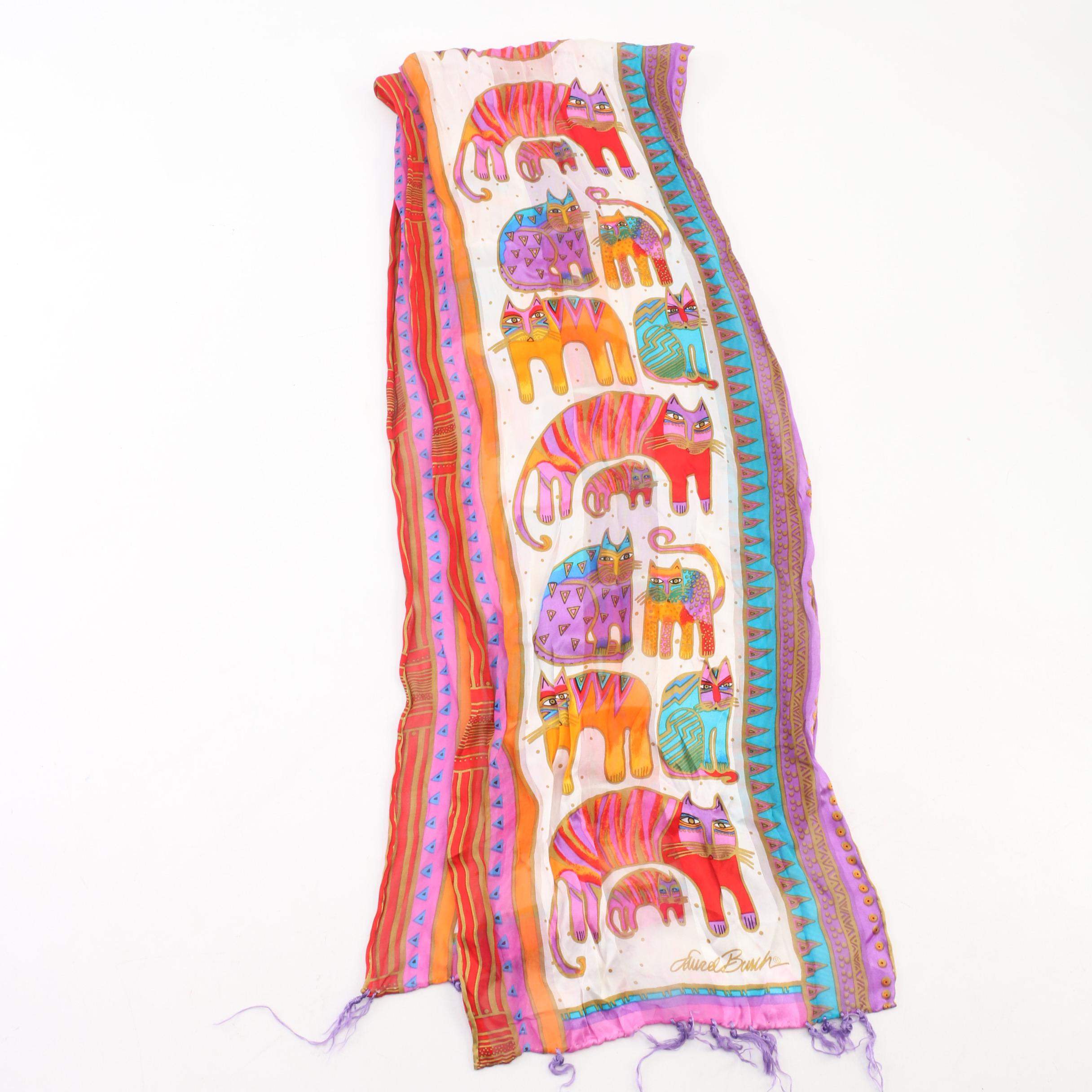 Laurel Burch Scarf "Fabulous Feline" Plate with Other Cat Figurines and Scarf