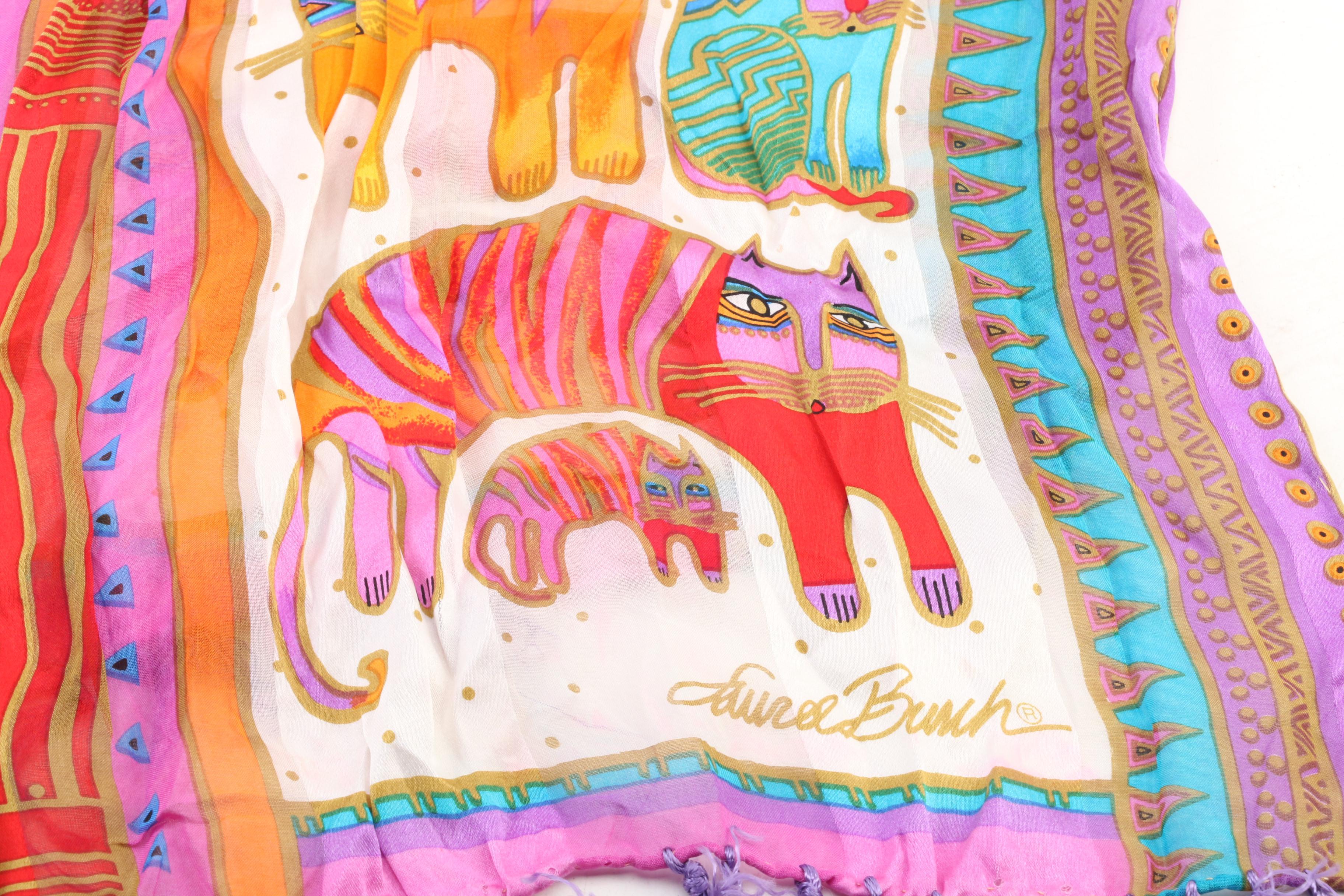 Laurel Burch Scarf "Fabulous Feline" Plate with Other Cat Figurines and Scarf