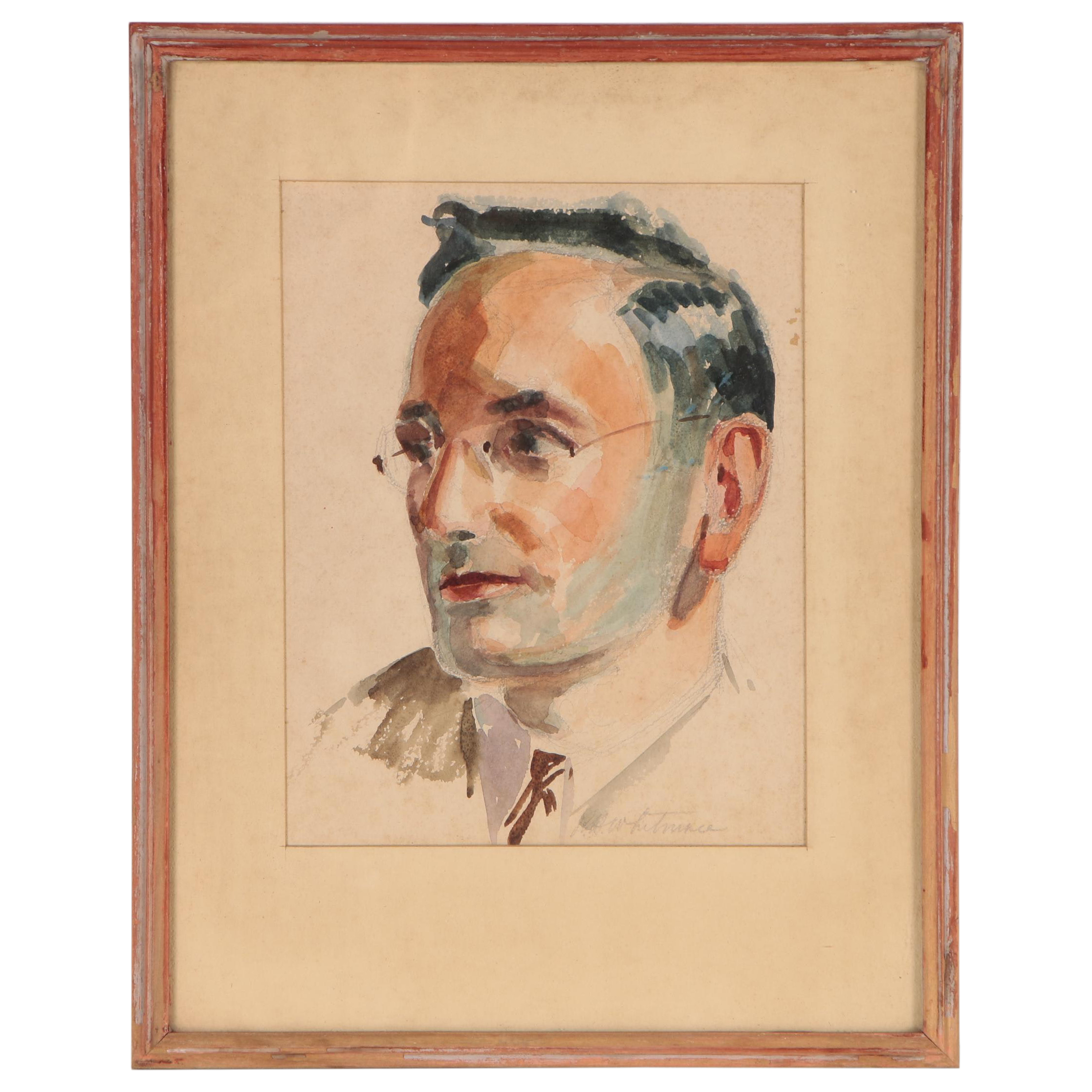Robert Whitmore Watercolor Painting of Man with Glasses, Circa 1940