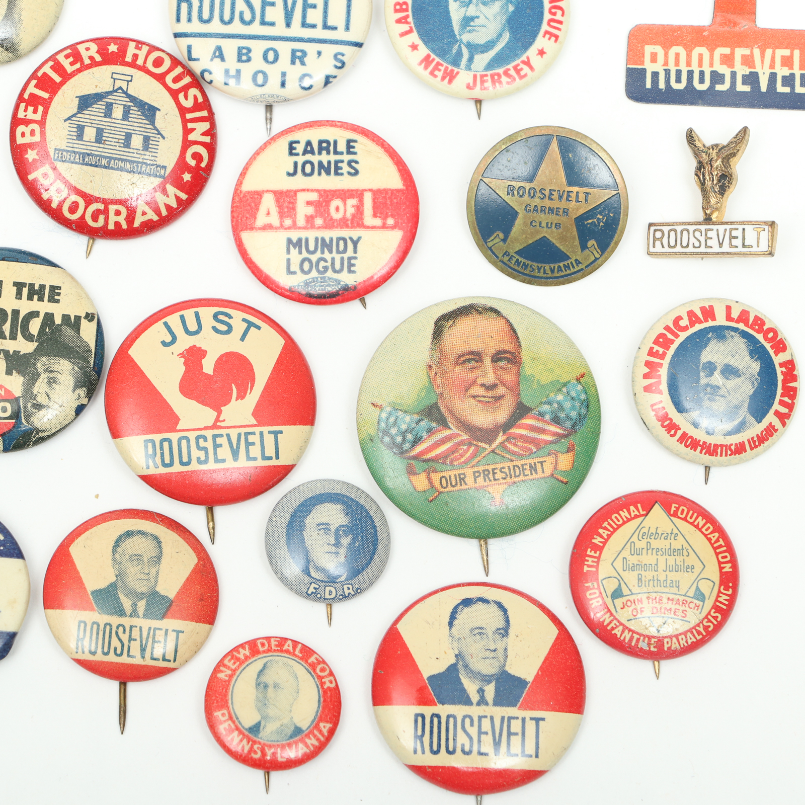 Franklin D. Roosevelt Campaign Era Buttons, Pinbacks and Lapel Tab