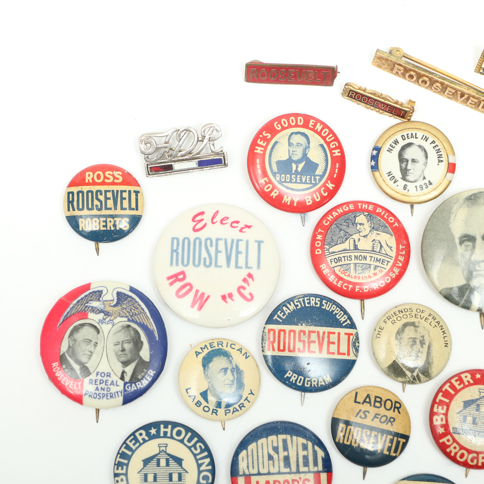 Franklin D. Roosevelt Campaign Era Buttons, Pinbacks and Lapel Tab
