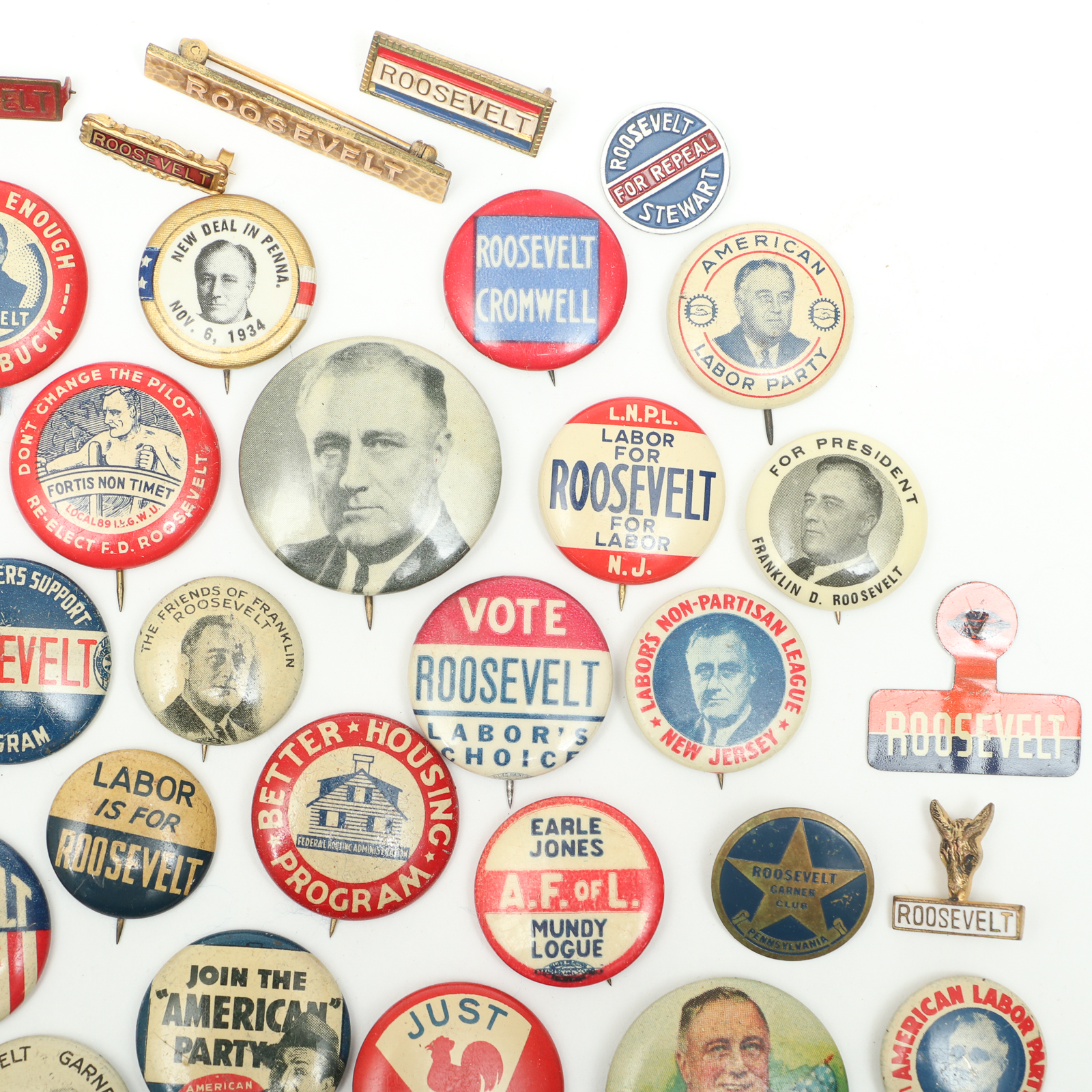 Franklin D. Roosevelt Campaign Era Buttons, Pinbacks and Lapel Tab