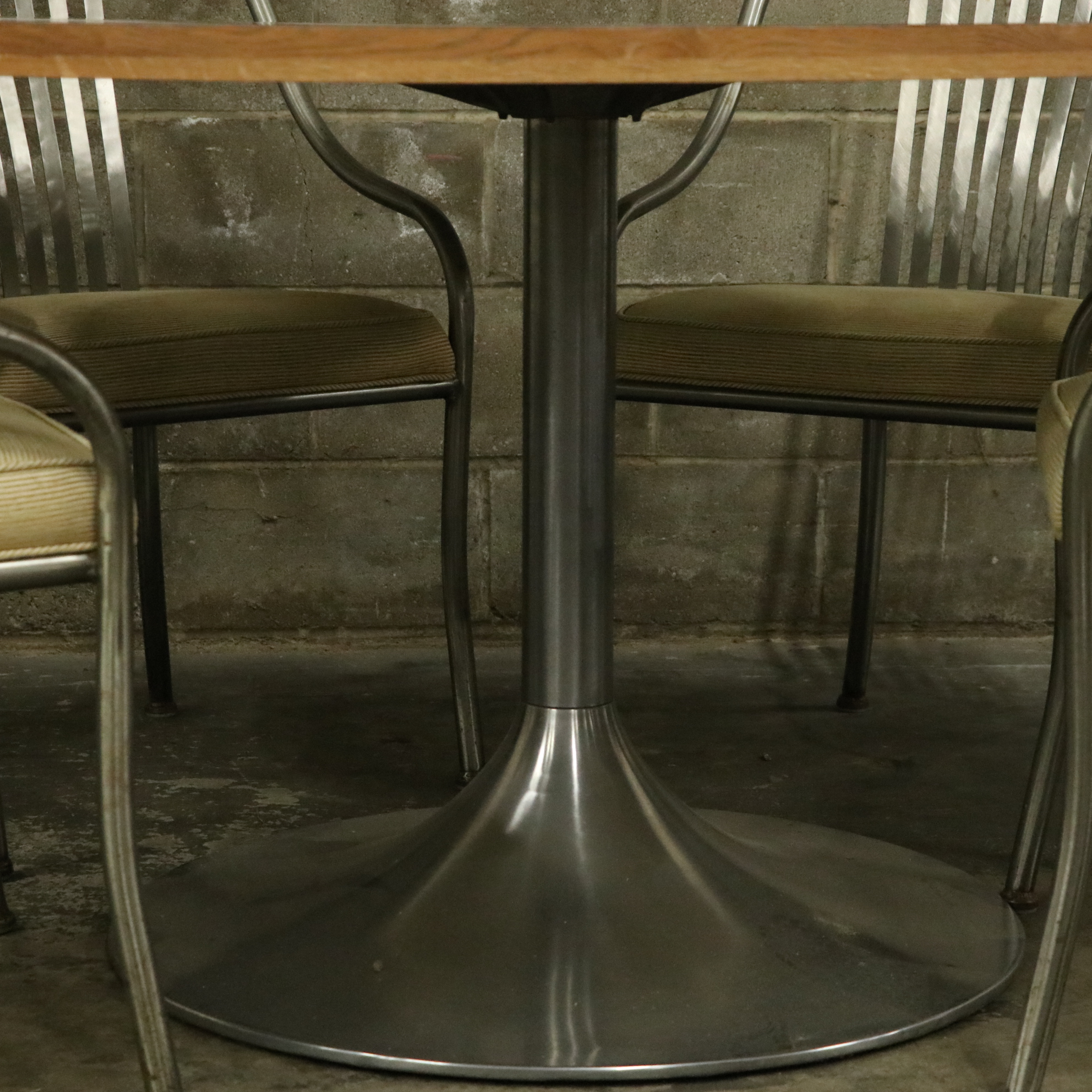 Contemporary Brushed Metal and Wood Top Pedestal Dining Table and Chairs