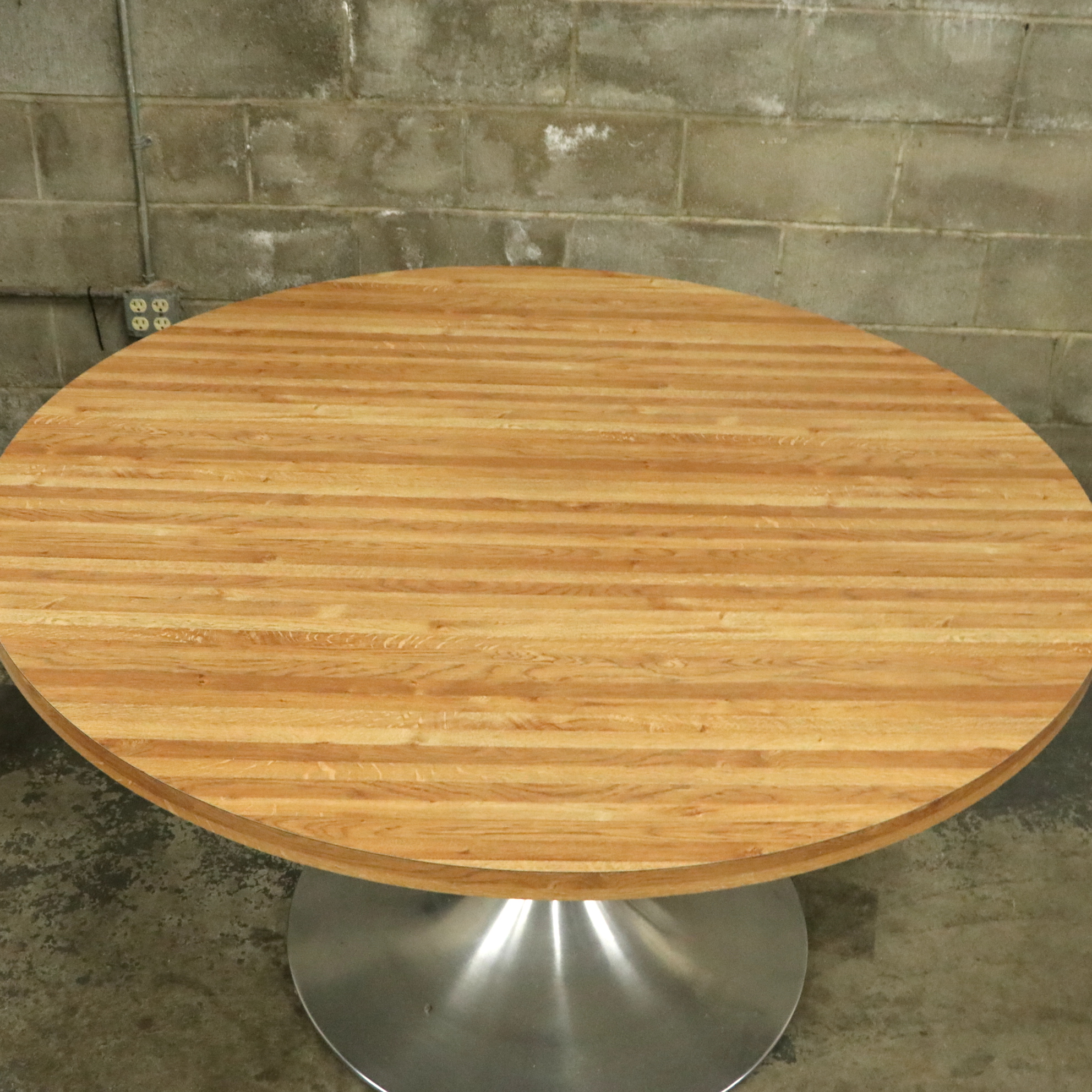 Contemporary Brushed Metal and Wood Top Pedestal Dining Table and Chairs
