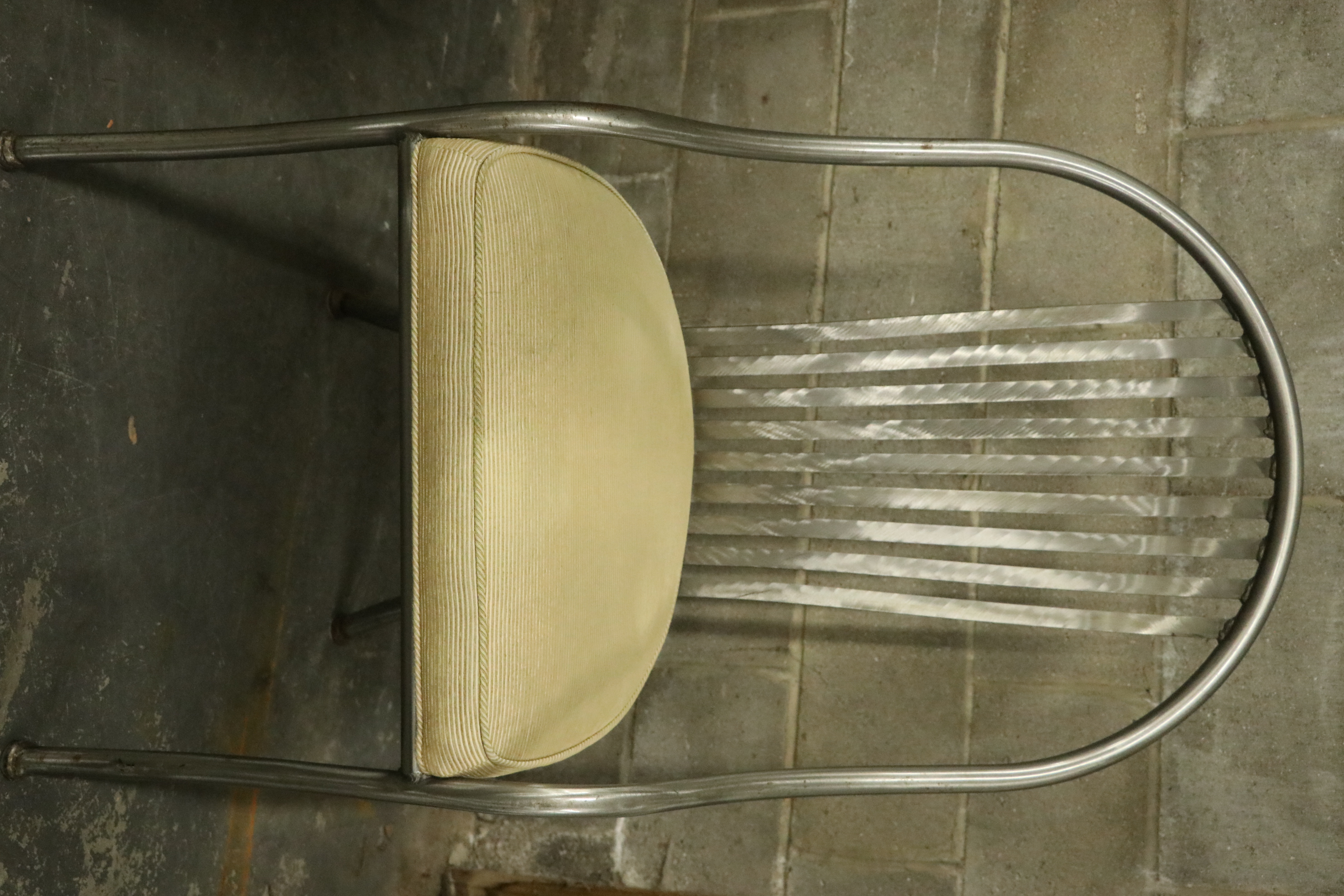 Contemporary Brushed Metal and Wood Top Pedestal Dining Table and Chairs