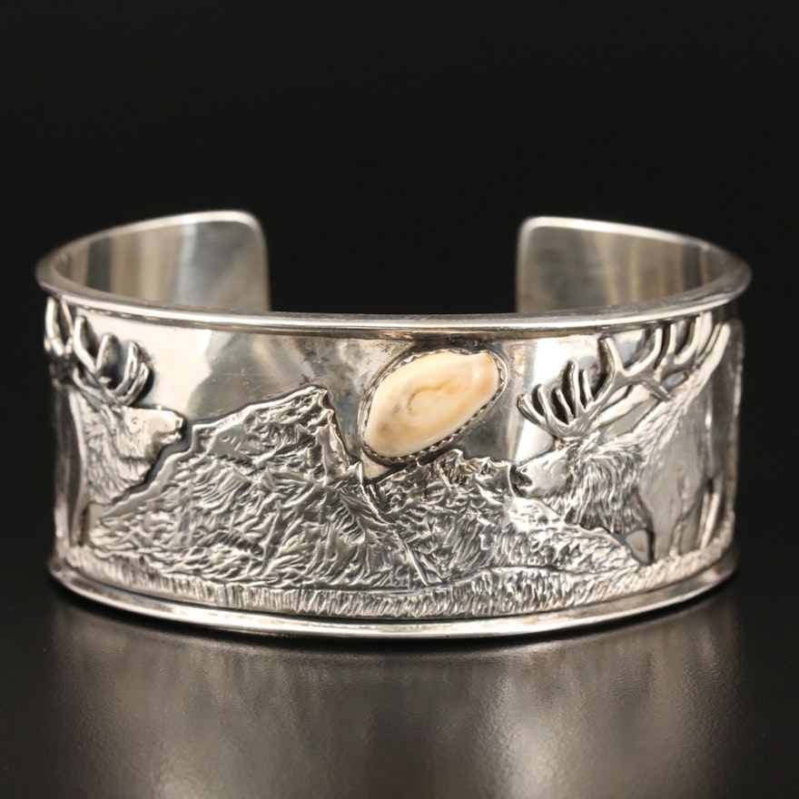 Signed Sterling Elk and Mountainscape Cuff with Elk Tooth