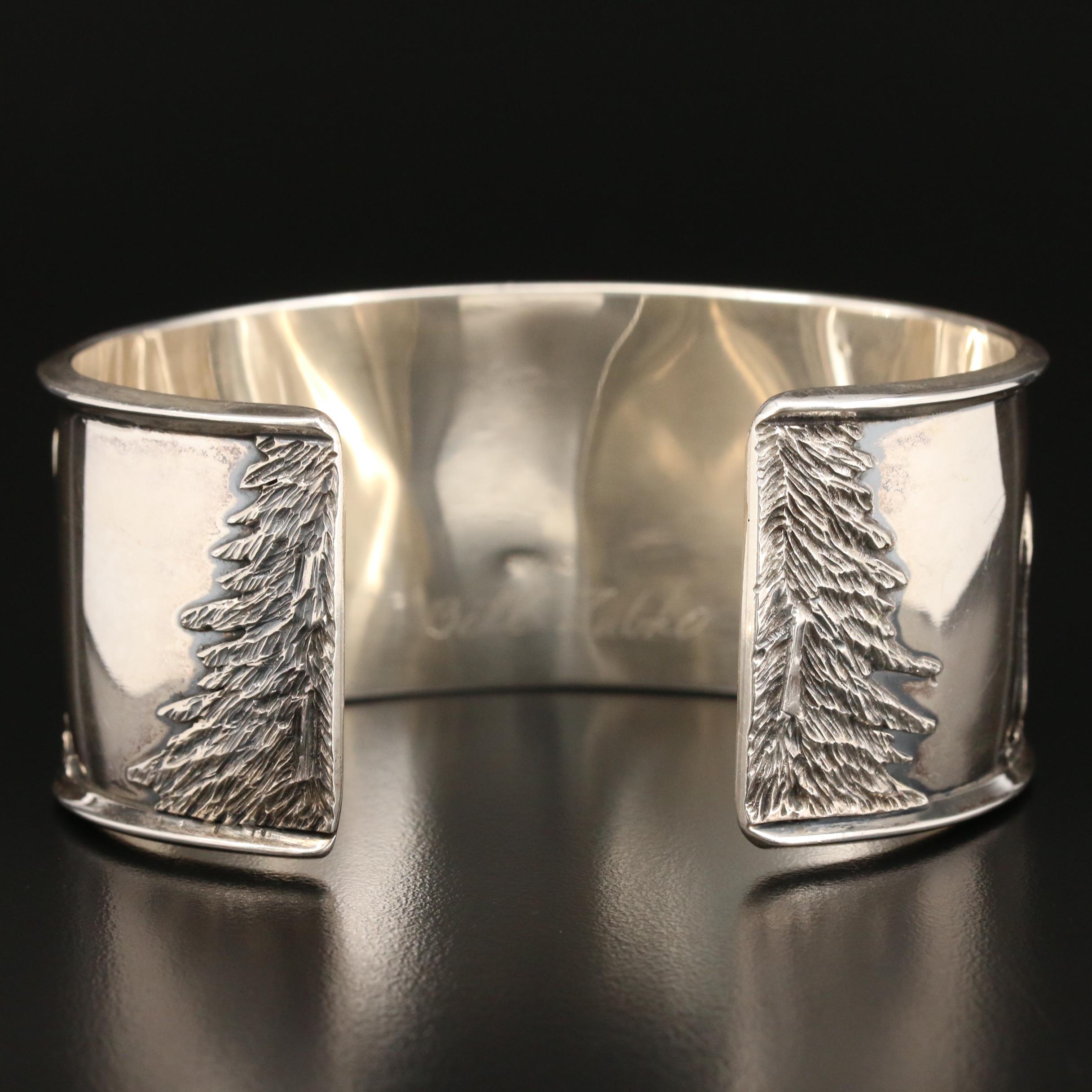 Signed Sterling Elk and Mountainscape Cuff with Elk Tooth