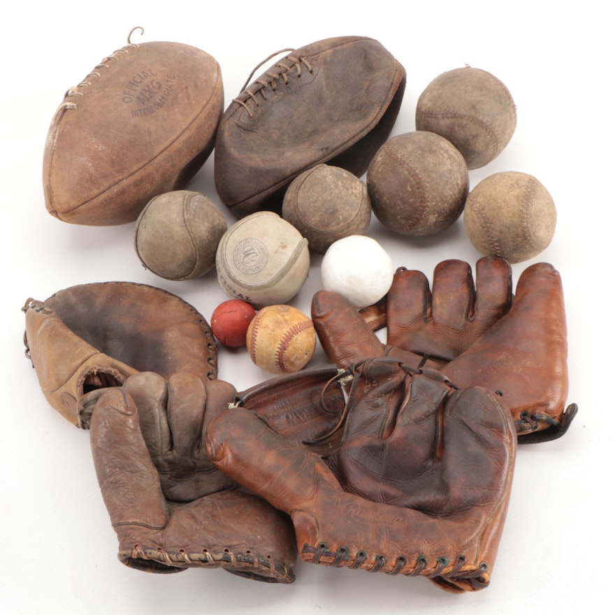 Baseball Gloves, Footballs, Softballs, Polo Ball and More, Early to Mid 20th C.