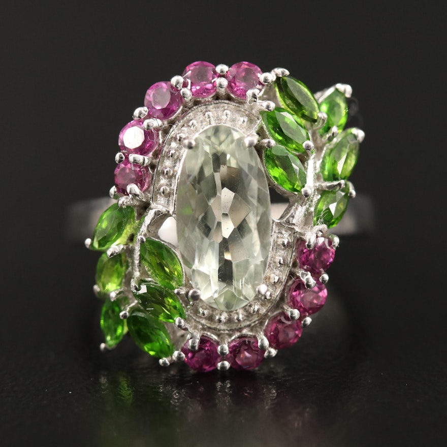 Sterling Silver Citrine, Garnet and Diopside Ring Featuring Foliate Motif