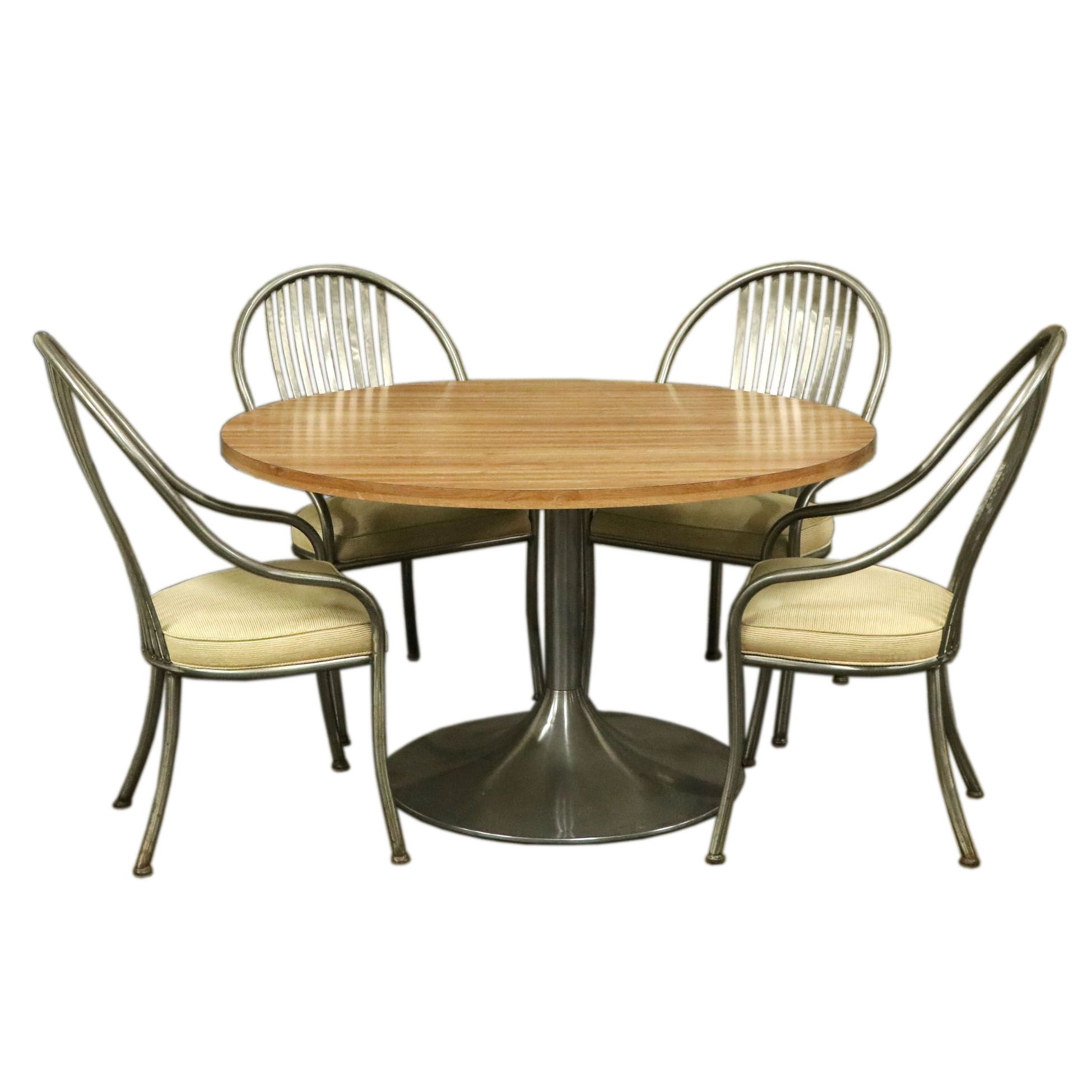 Contemporary Brushed Metal and Wood Top Pedestal Dining Table and Chairs