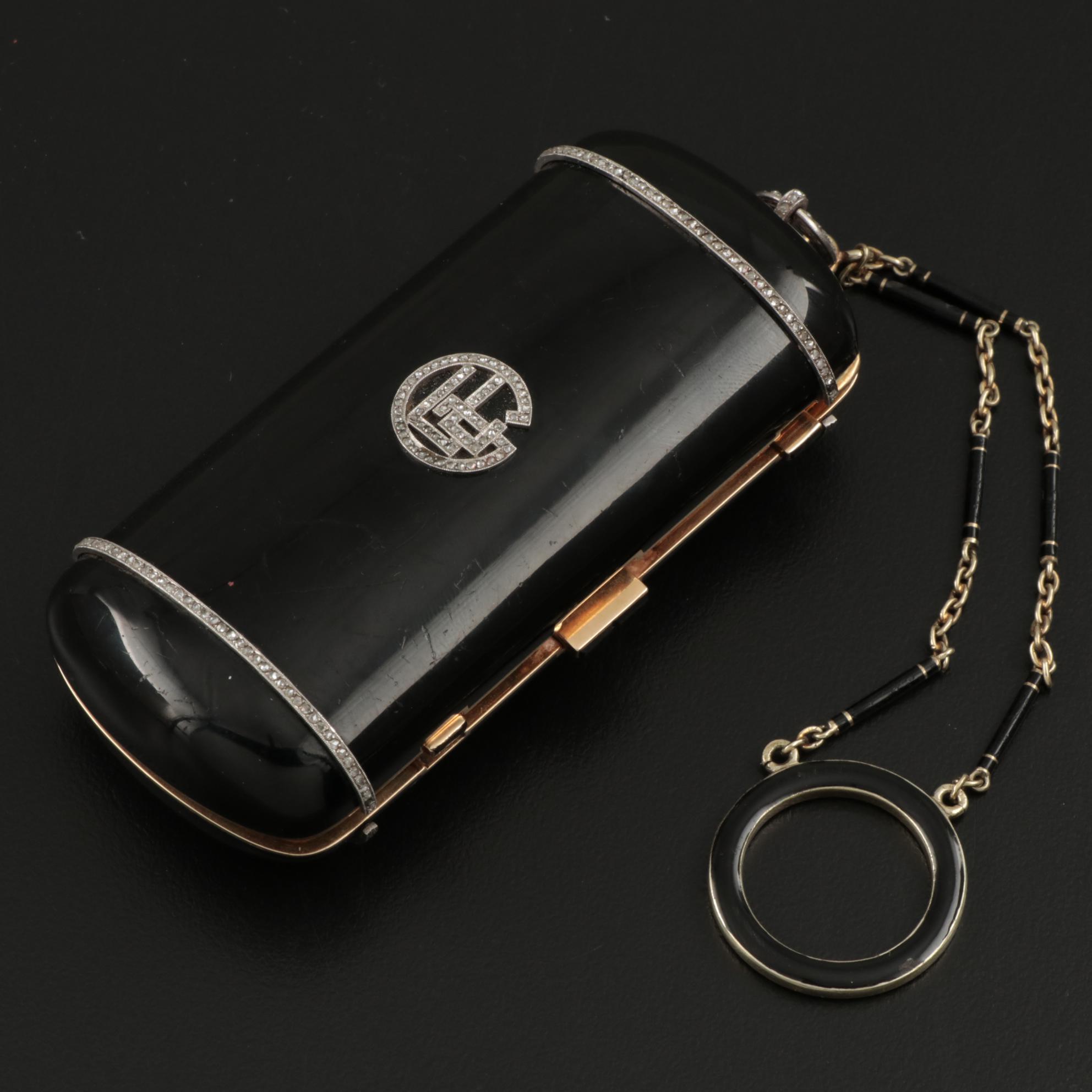 Strauss, Allard & Meyer Art Deco Enameled 18K Gold and Diamond Dance Bag, 1925