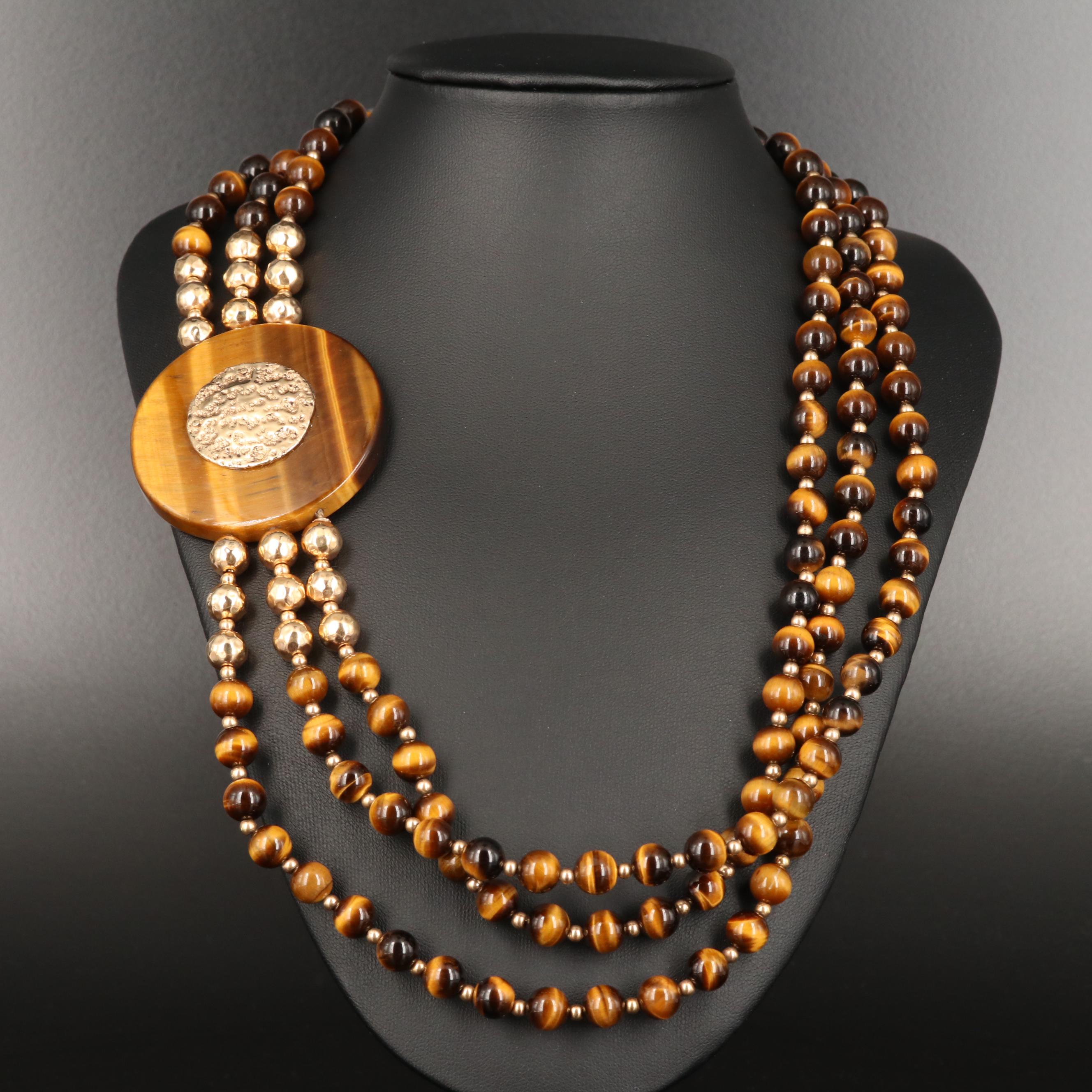 14K Triple-Strand Tiger's Eye Medallion Necklace Attributed to Ronjon Bloch