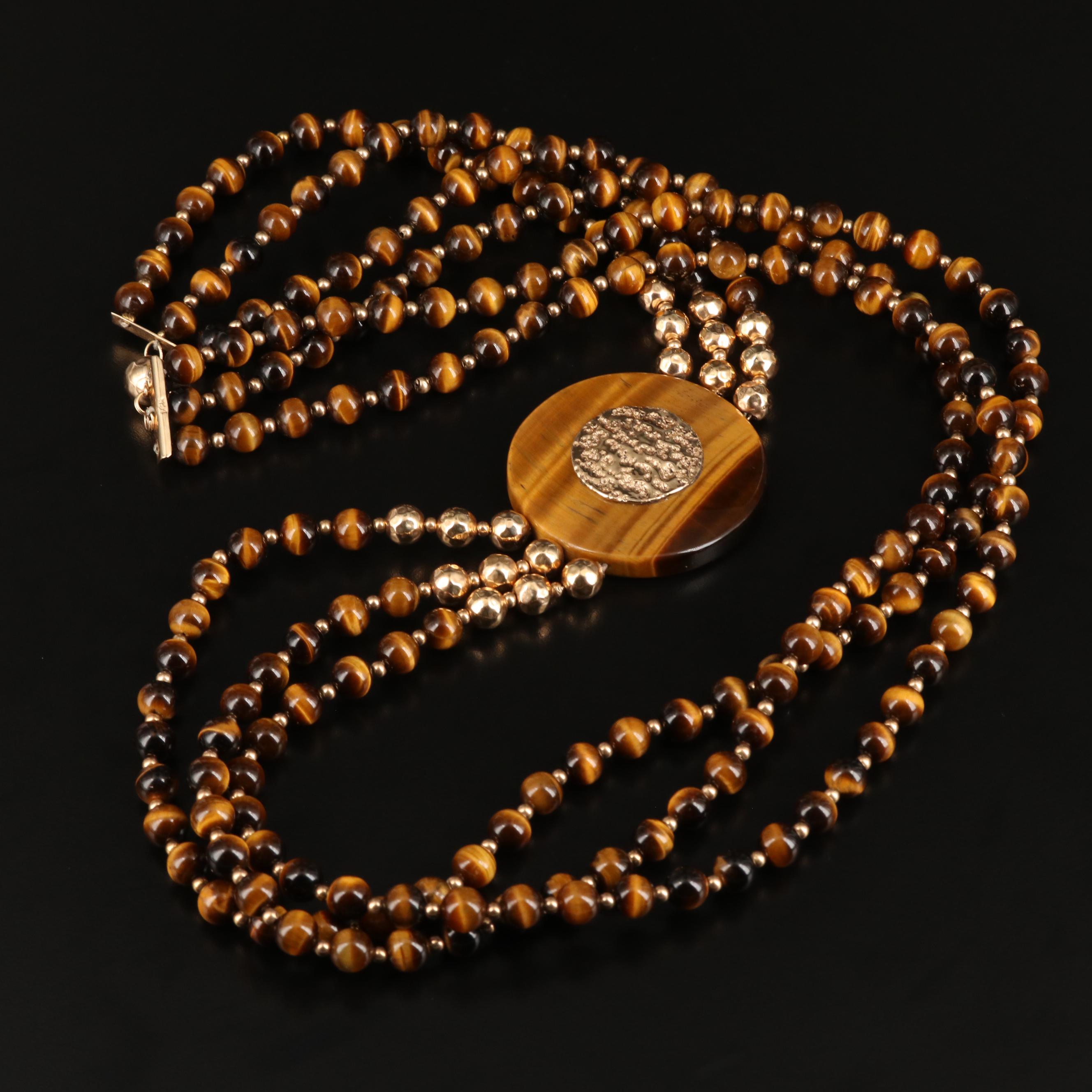 14K Triple-Strand Tiger's Eye Medallion Necklace Attributed to Ronjon Bloch