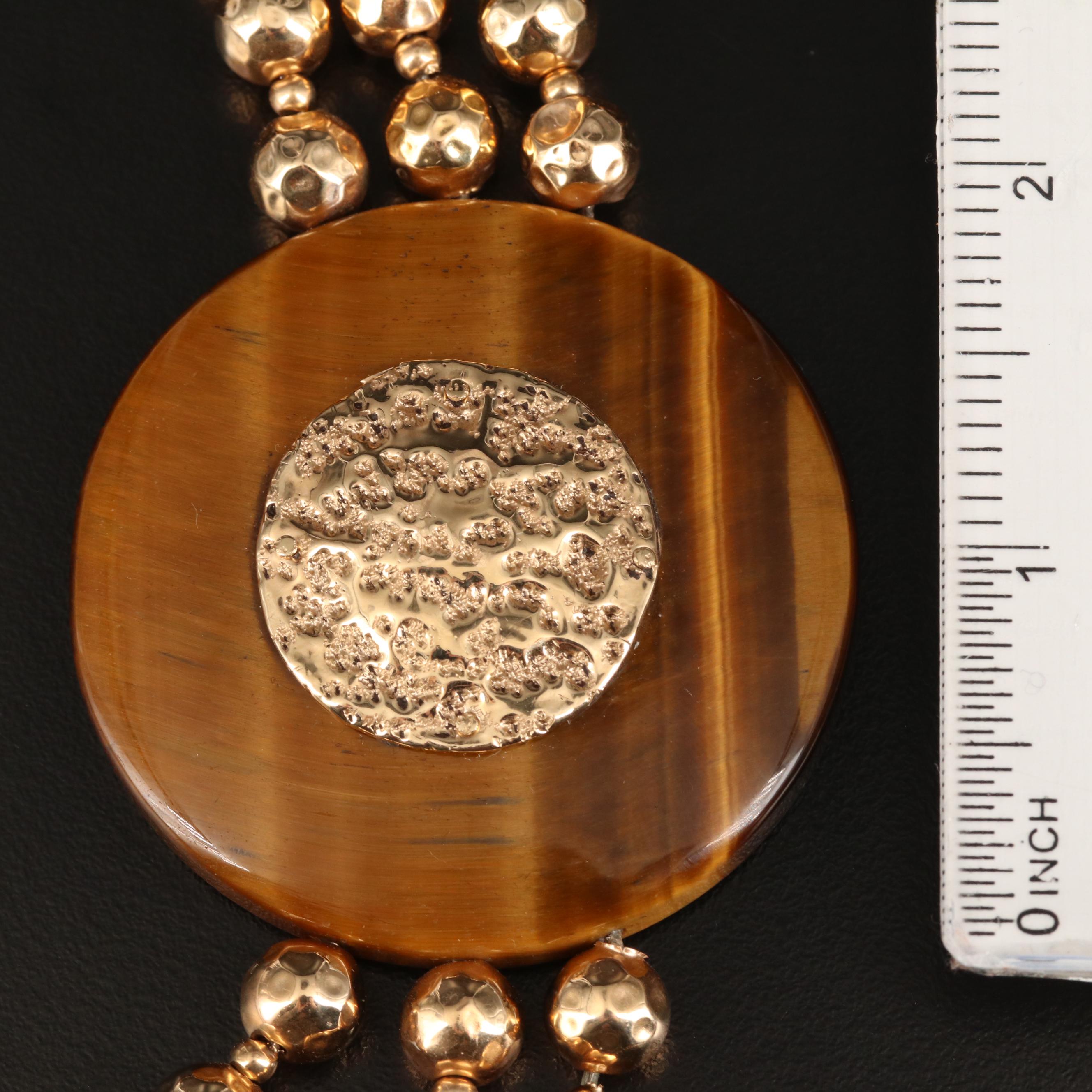 14K Triple-Strand Tiger's Eye Medallion Necklace Attributed to Ronjon Bloch