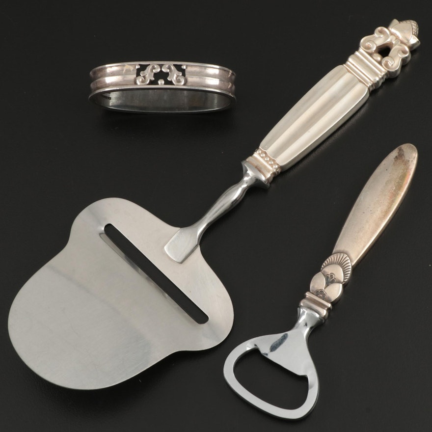 Georg Jensen Sterling Silver Bottle Opener, Cheese Slicer and Napkin Ring