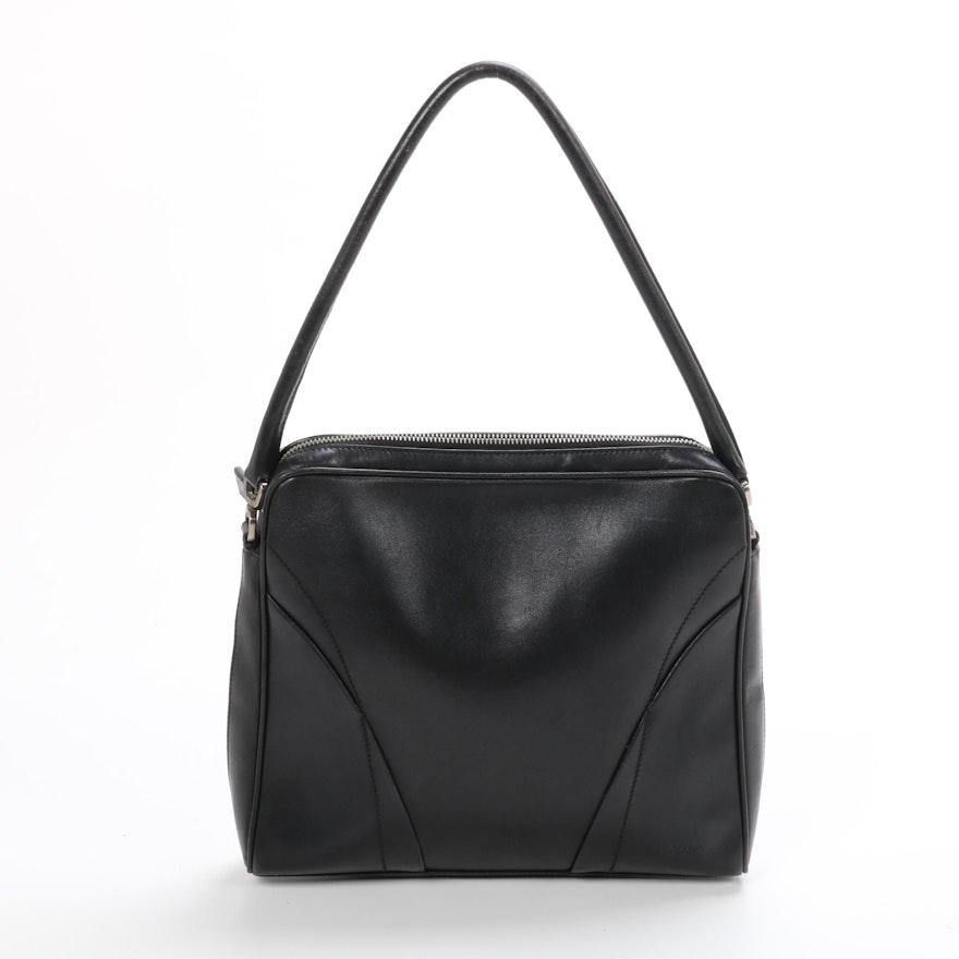 Prada Black Leather Topstitch Shoulder Bag