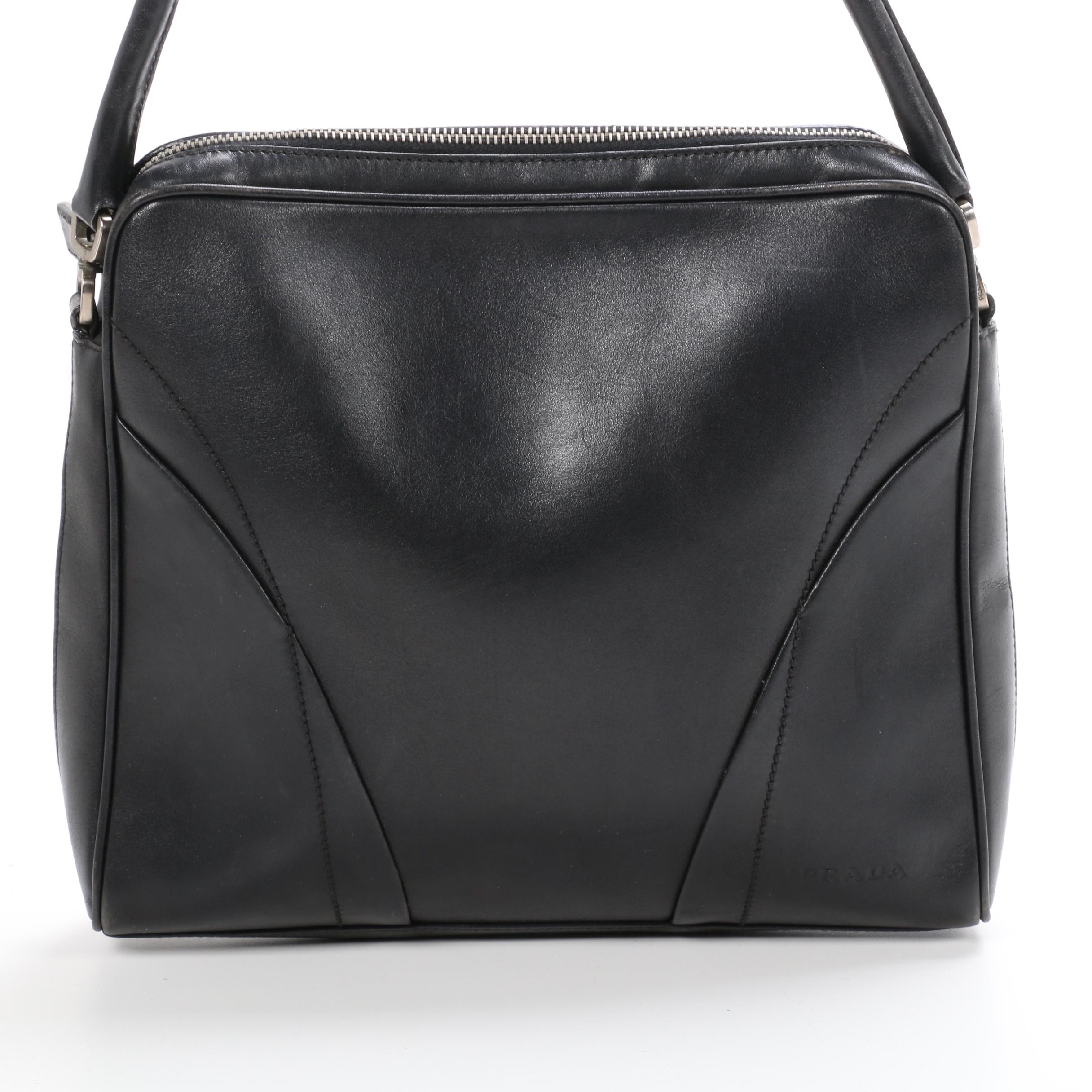 Prada Black Leather Topstitch Shoulder Bag