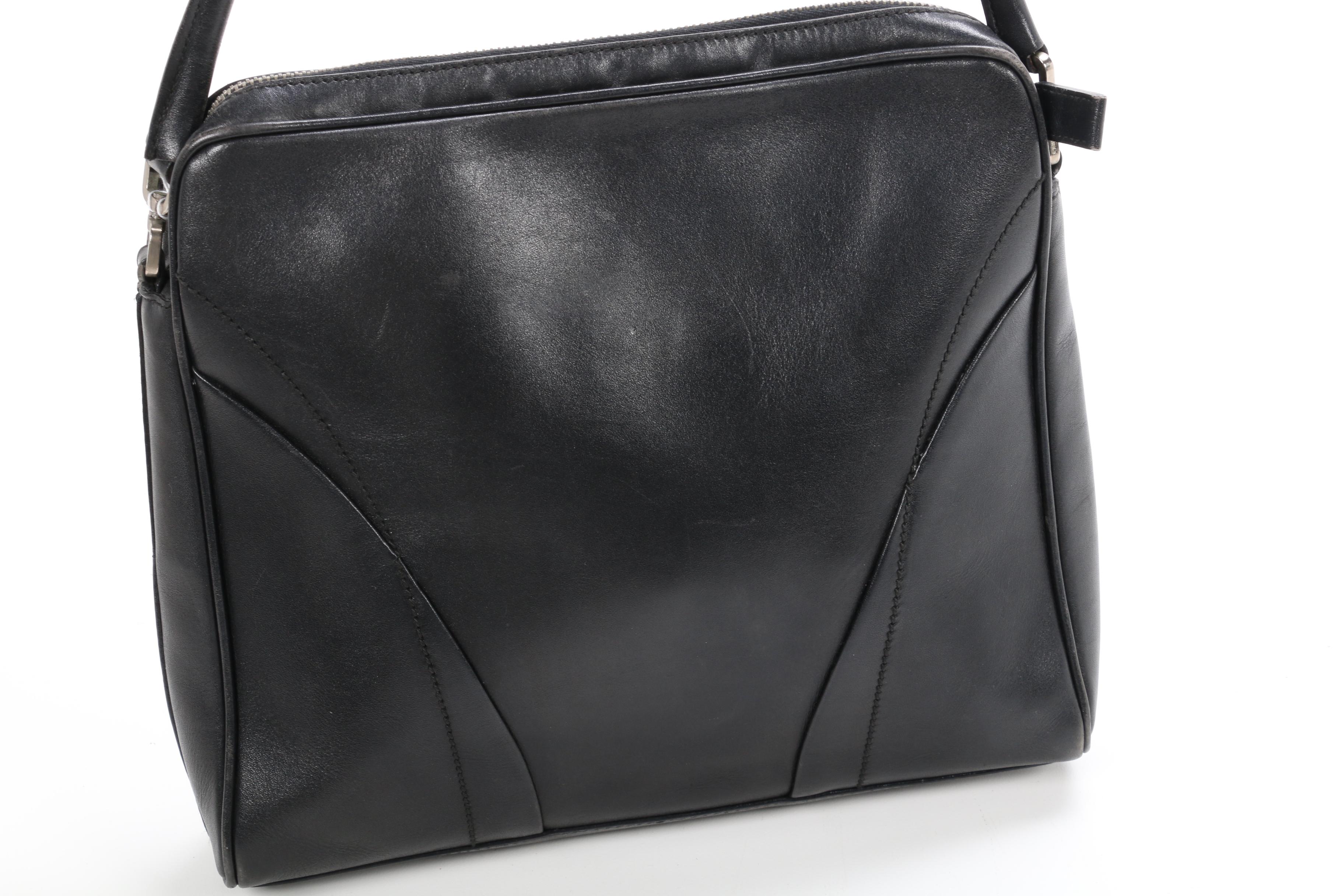 Prada Black Leather Topstitch Shoulder Bag