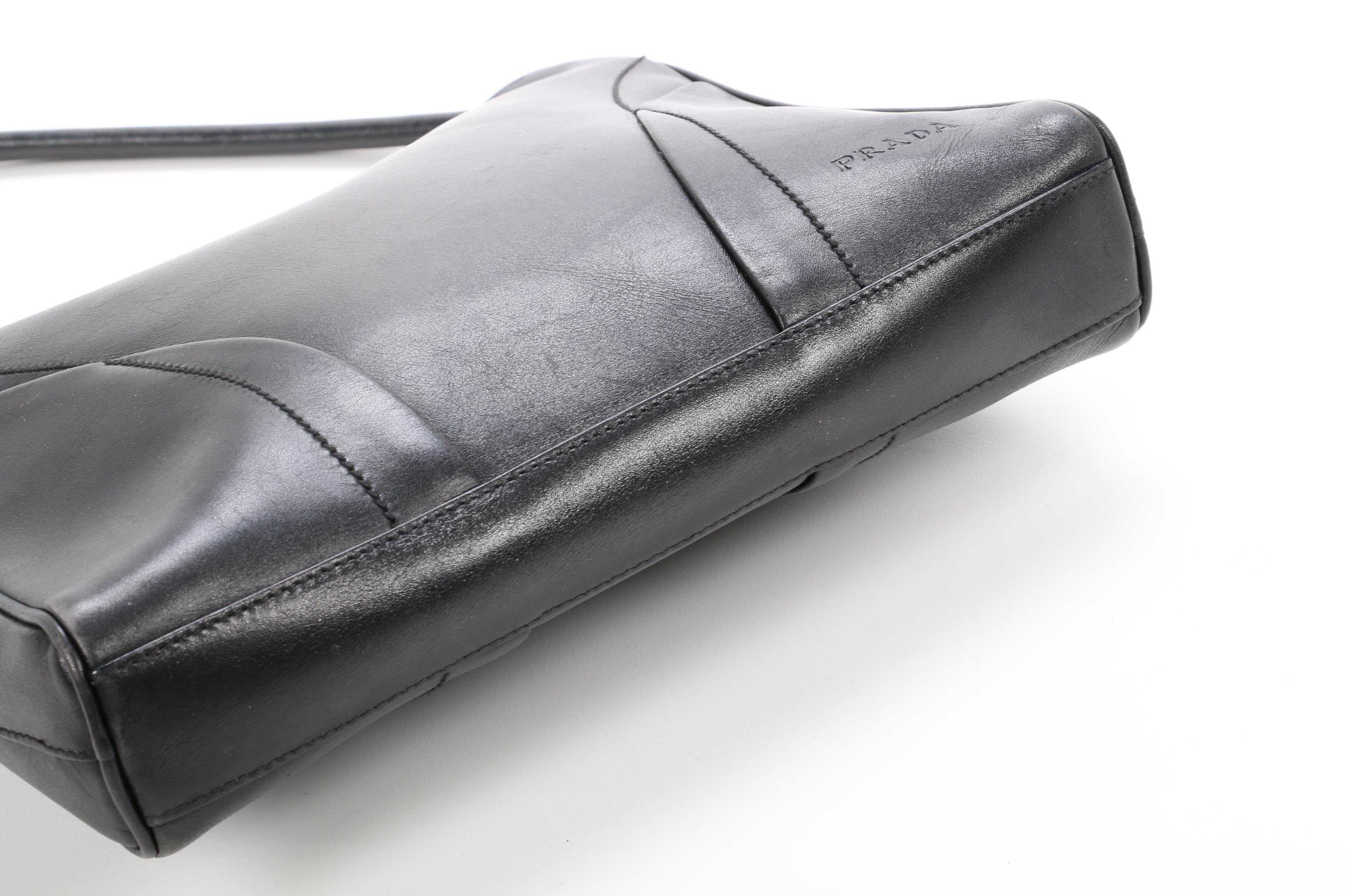 Prada Black Leather Topstitch Shoulder Bag