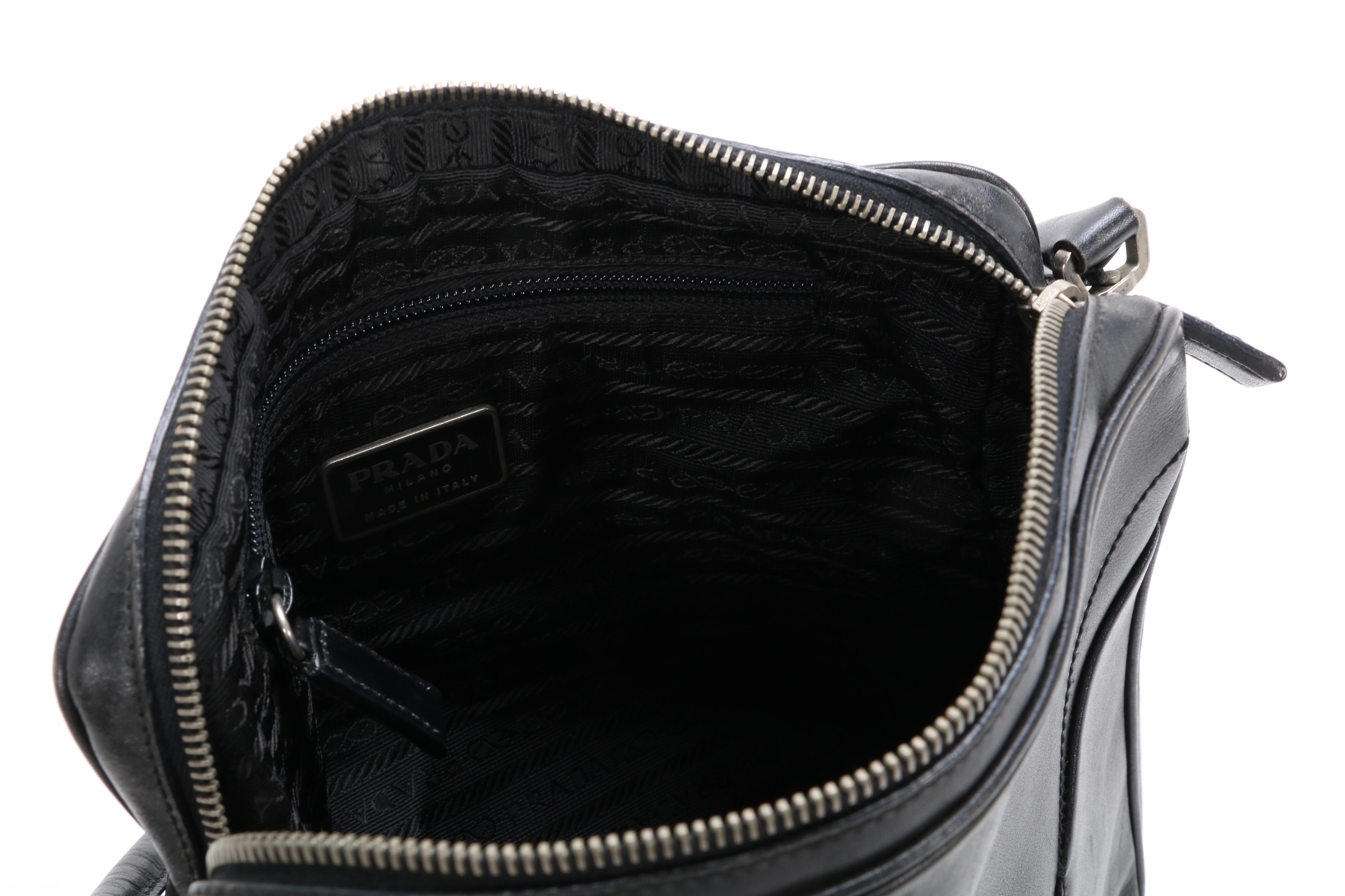 Prada Black Leather Topstitch Shoulder Bag