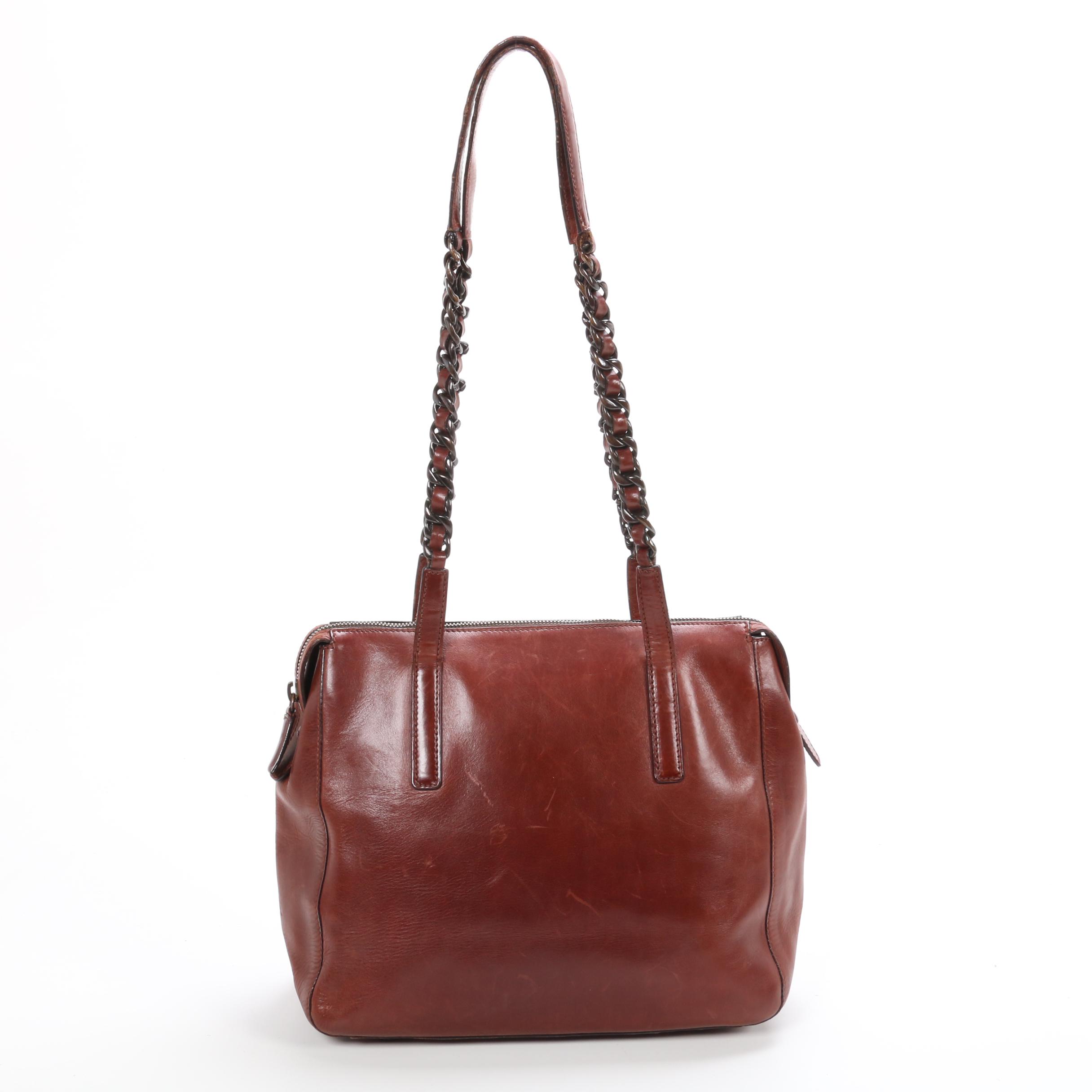 Prada Leather Shoulder Bag in Mahogany with Interwoven Leather and Chain Strap