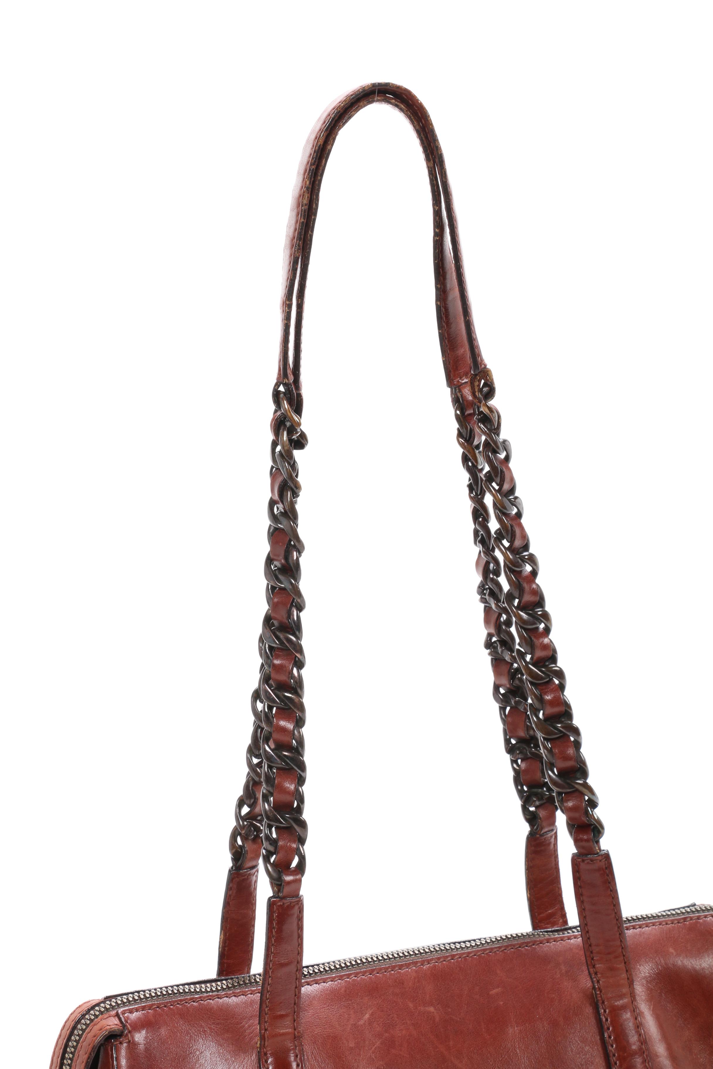 Prada Leather Shoulder Bag in Mahogany with Interwoven Leather and Chain Strap