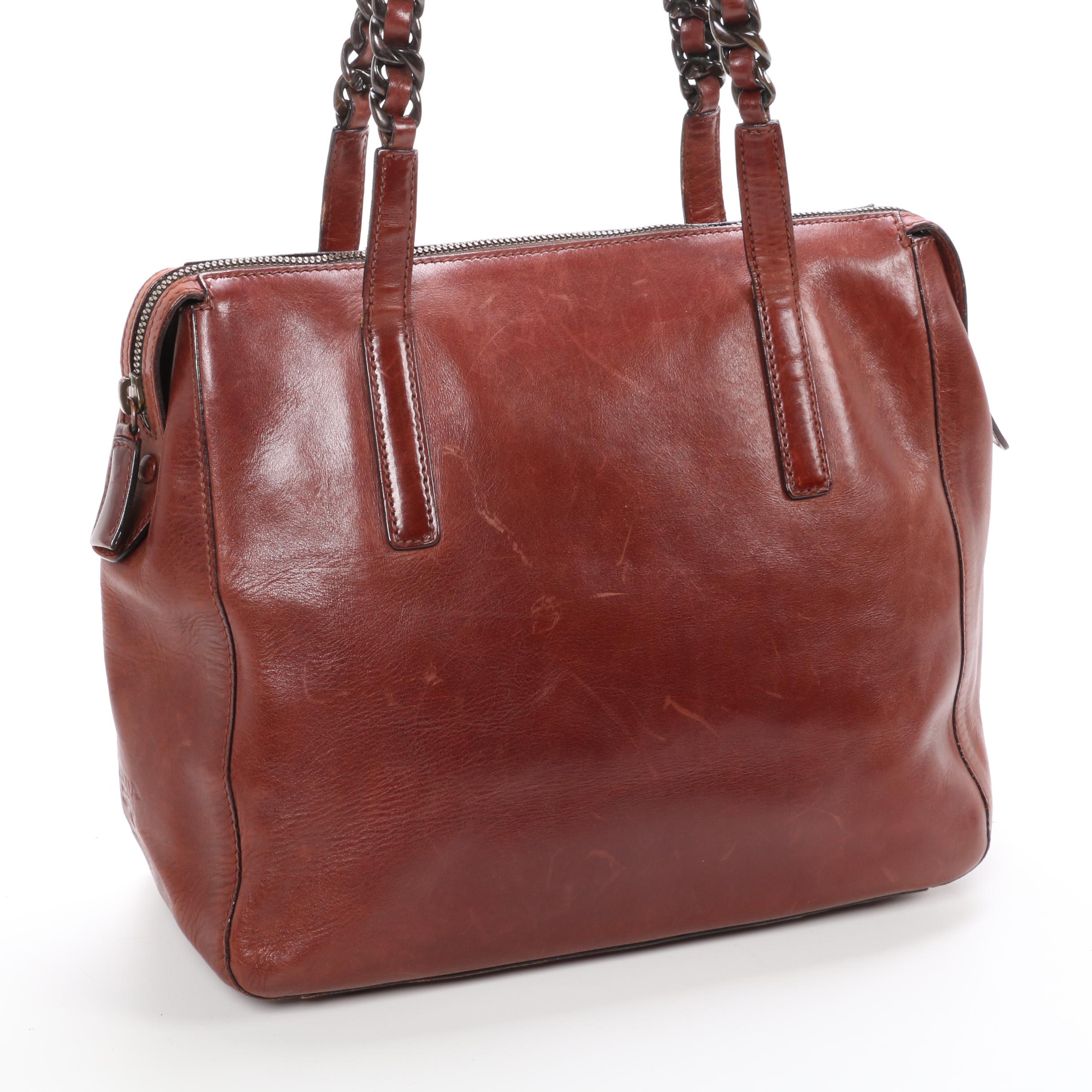 Prada Leather Shoulder Bag in Mahogany with Interwoven Leather and Chain Strap