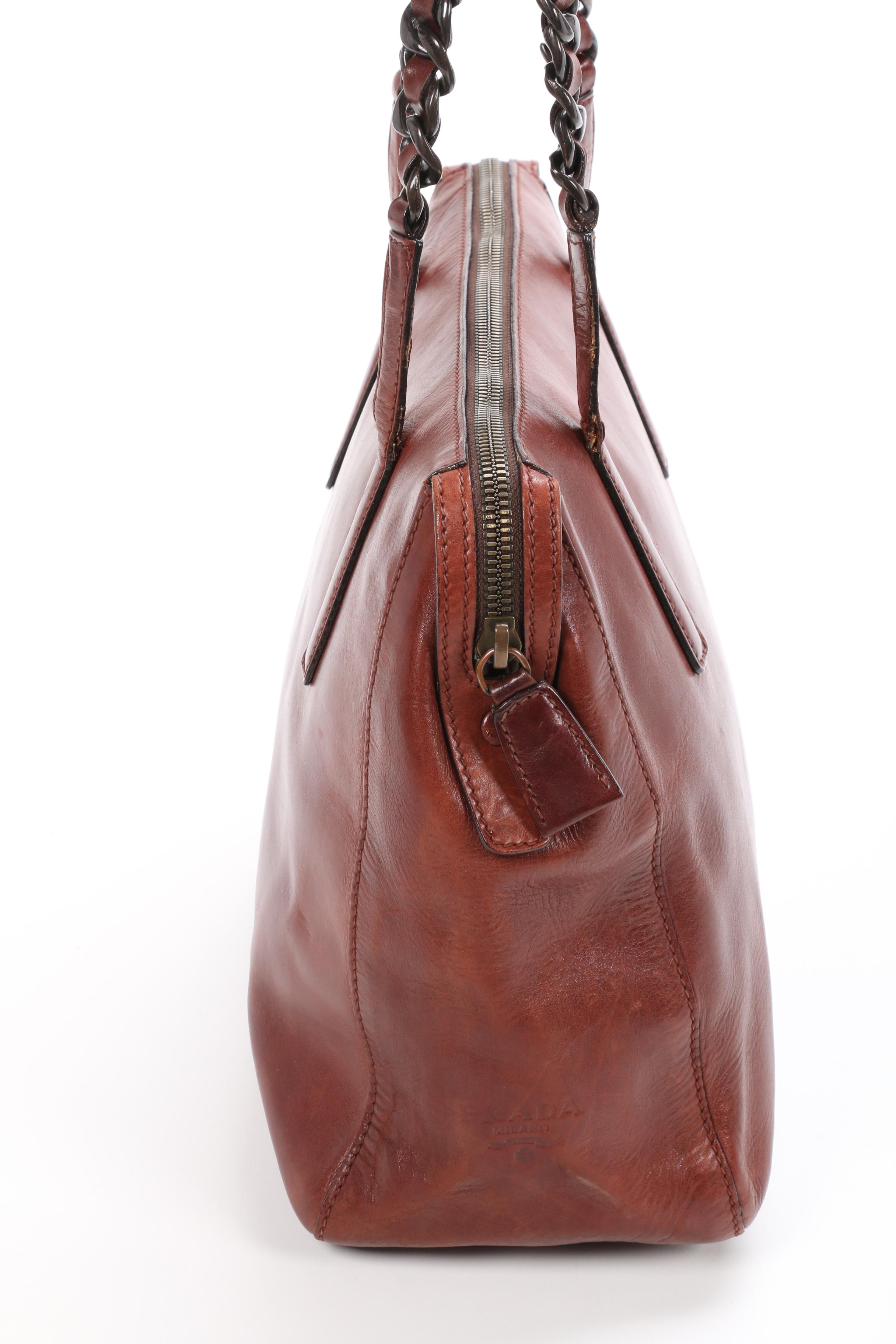 Prada Leather Shoulder Bag in Mahogany with Interwoven Leather and Chain Strap