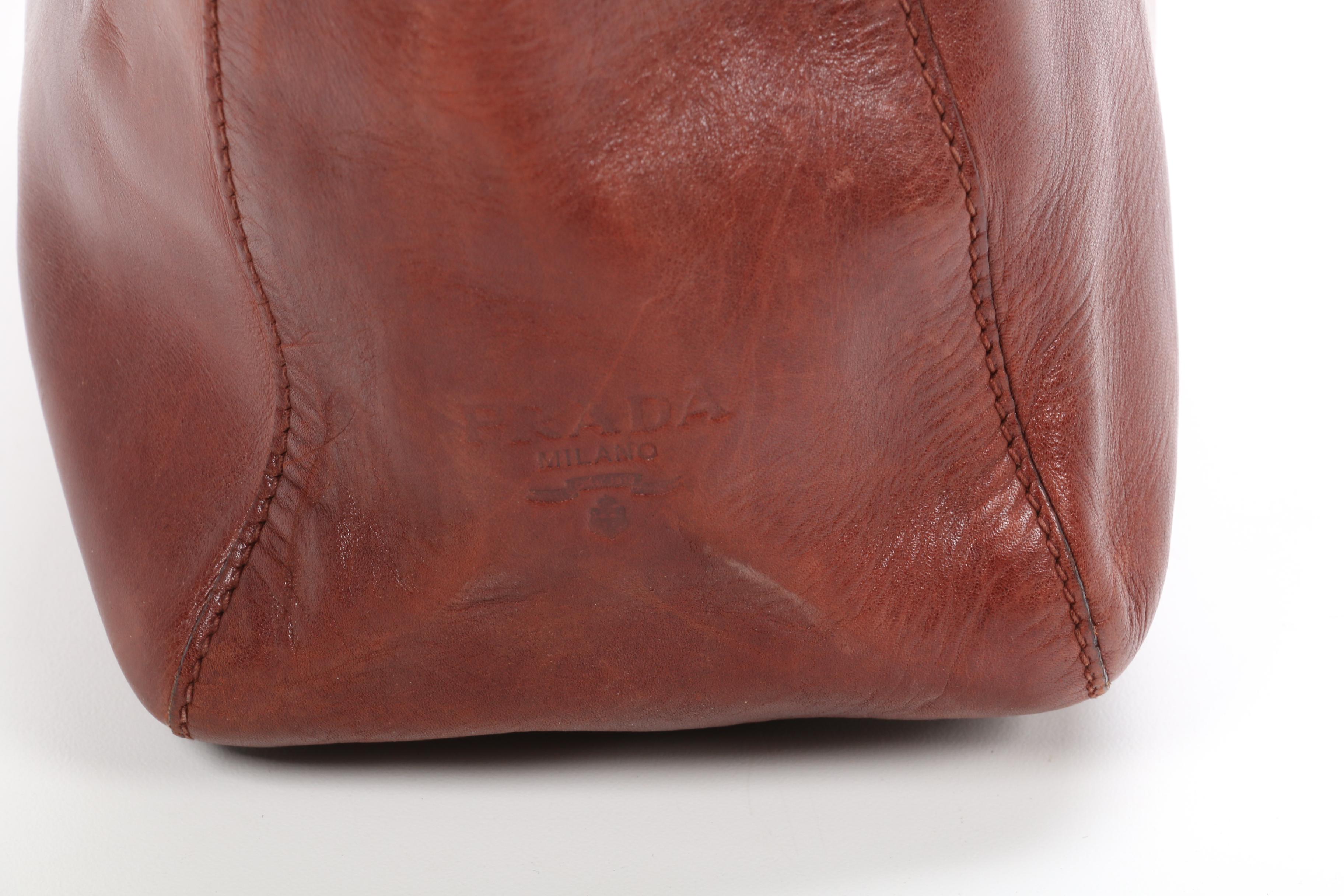 Prada Leather Shoulder Bag in Mahogany with Interwoven Leather and Chain Strap