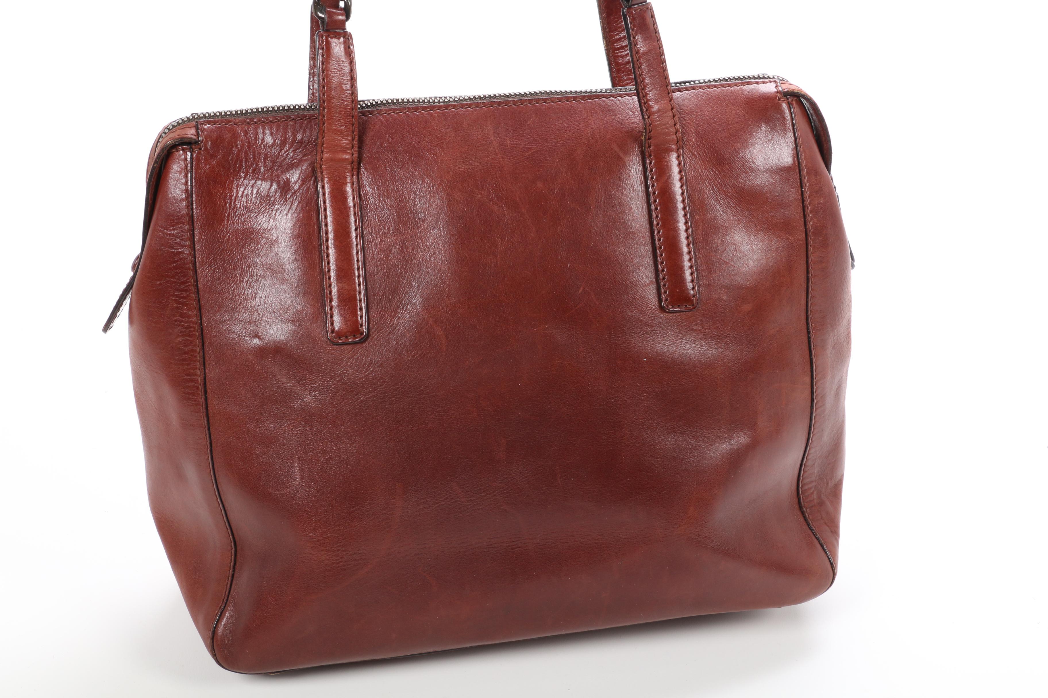 Prada Leather Shoulder Bag in Mahogany with Interwoven Leather and Chain Strap