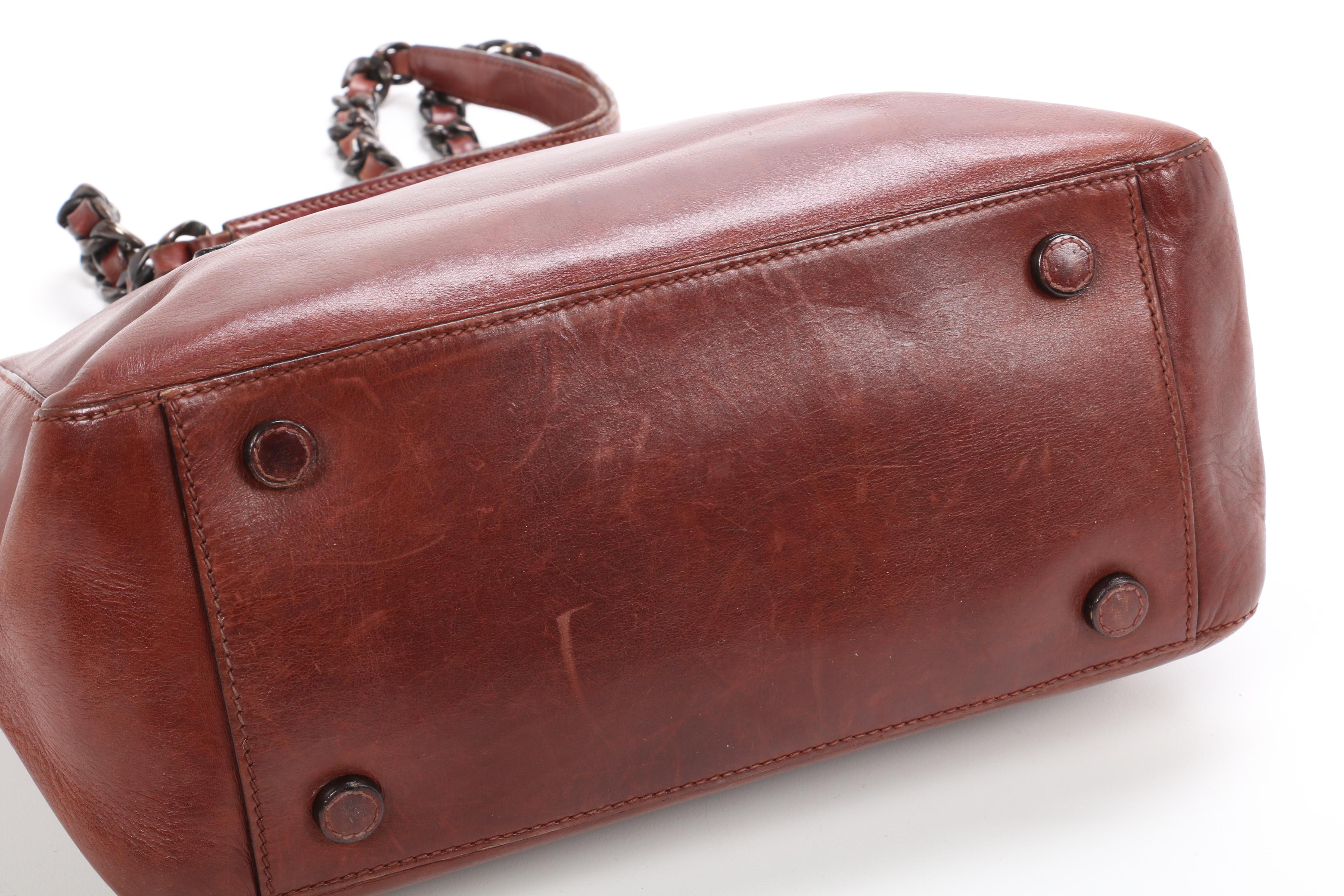 Prada Leather Shoulder Bag in Mahogany with Interwoven Leather and Chain Strap