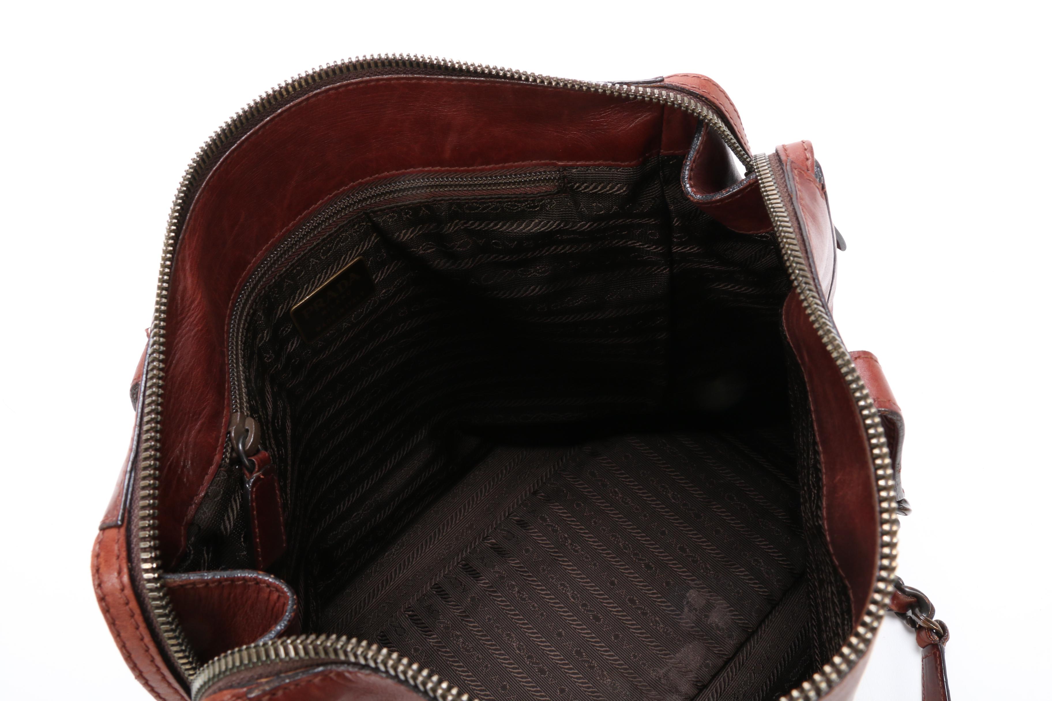 Prada Leather Shoulder Bag in Mahogany with Interwoven Leather and Chain Strap