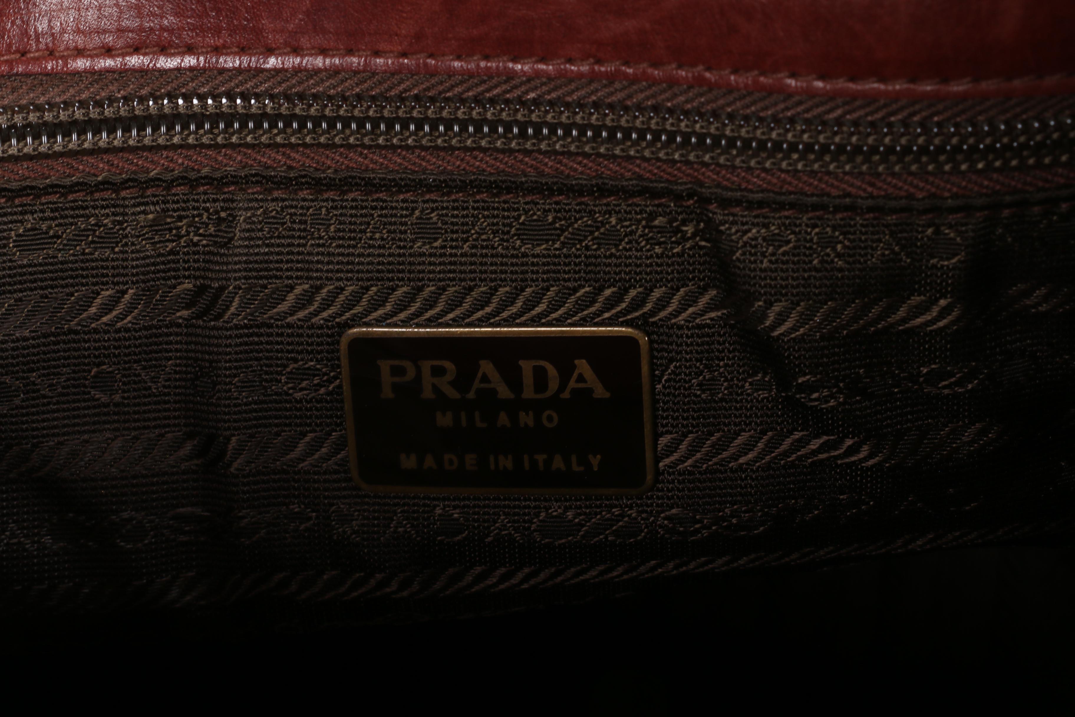 Prada Leather Shoulder Bag in Mahogany with Interwoven Leather and Chain Strap