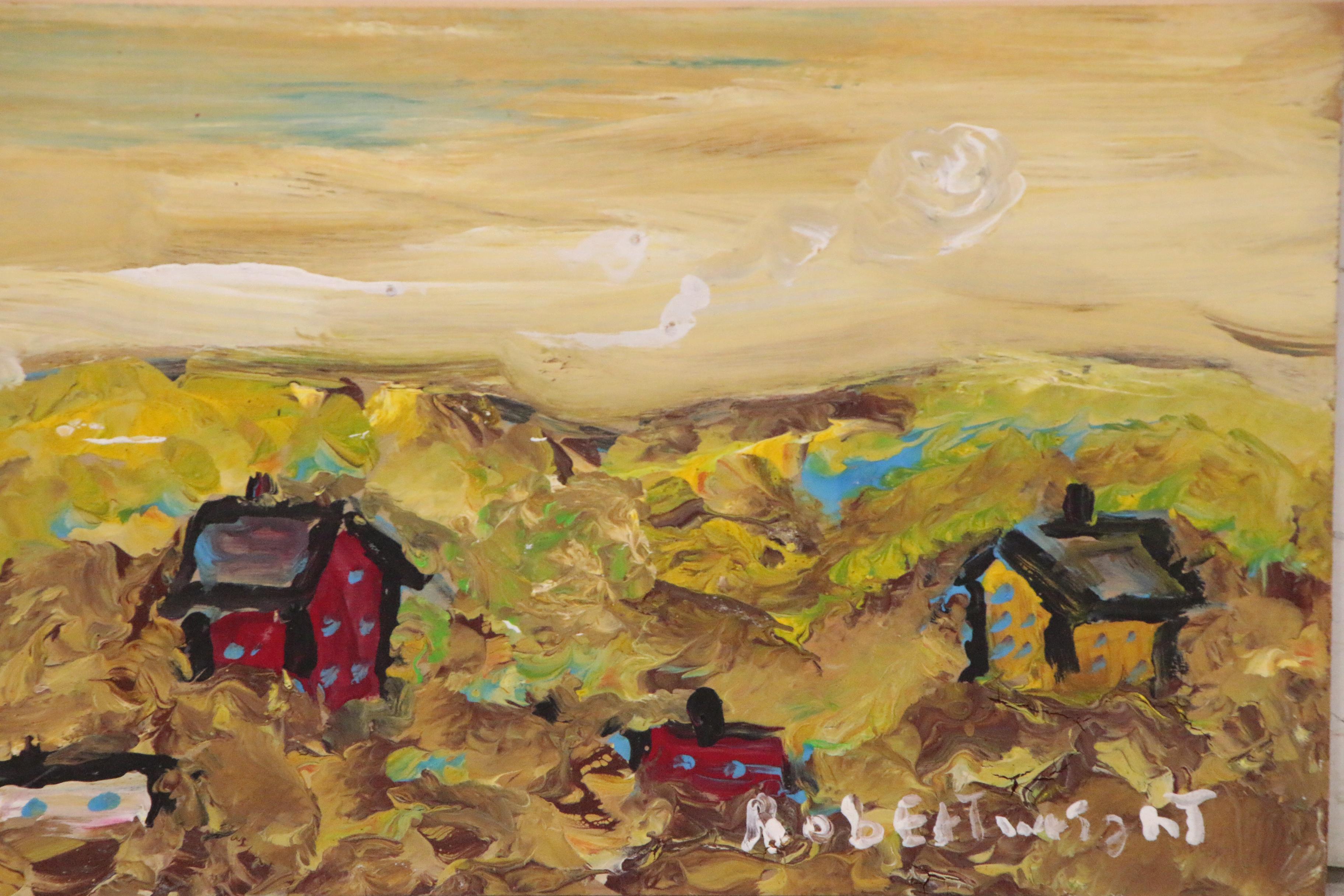 Robert Wright Folk Art Landscape Acrylic Painting, Late 20th Century