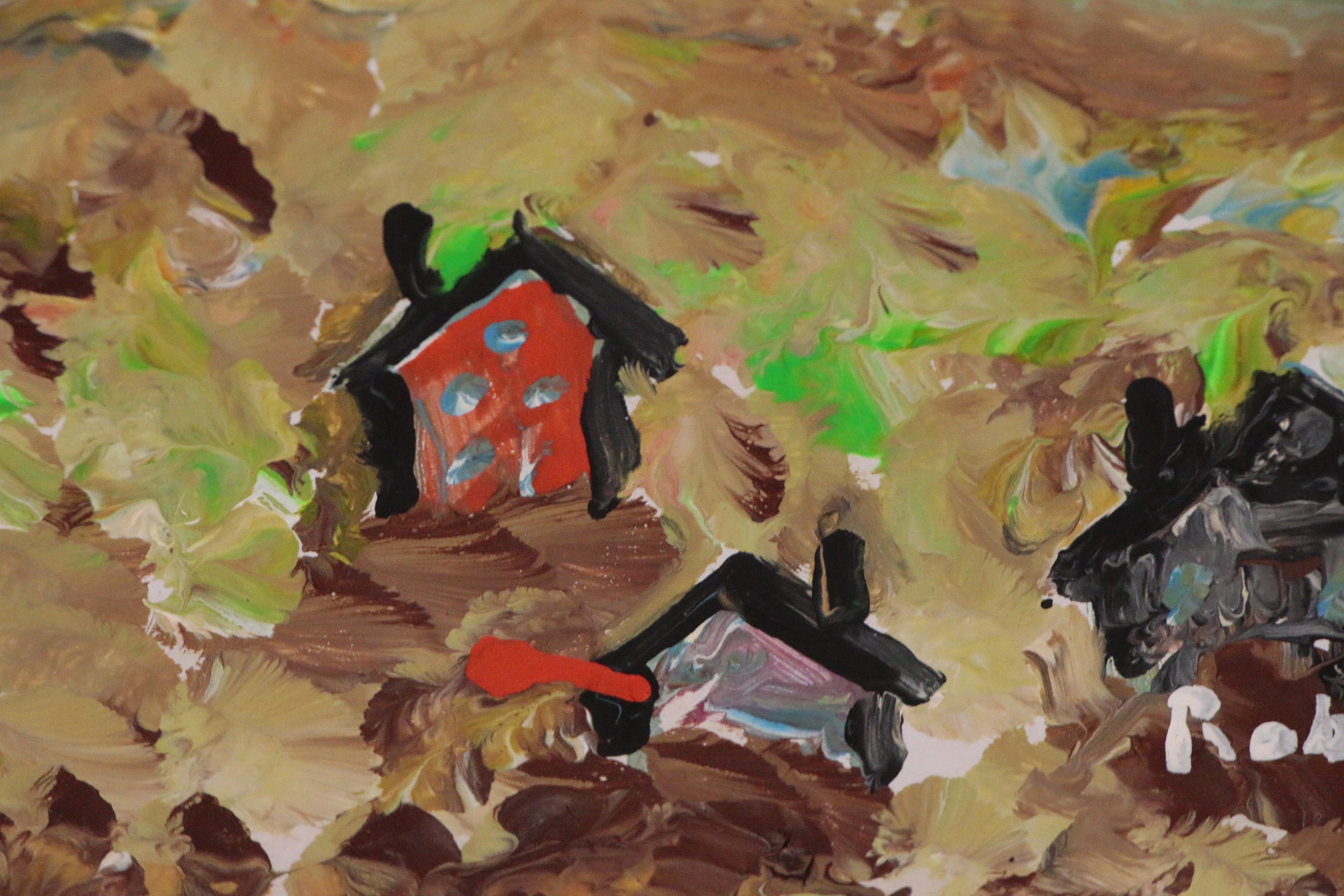 Robert Wright Folk Art Landscape Acrylic Painting, Late 20th Century
