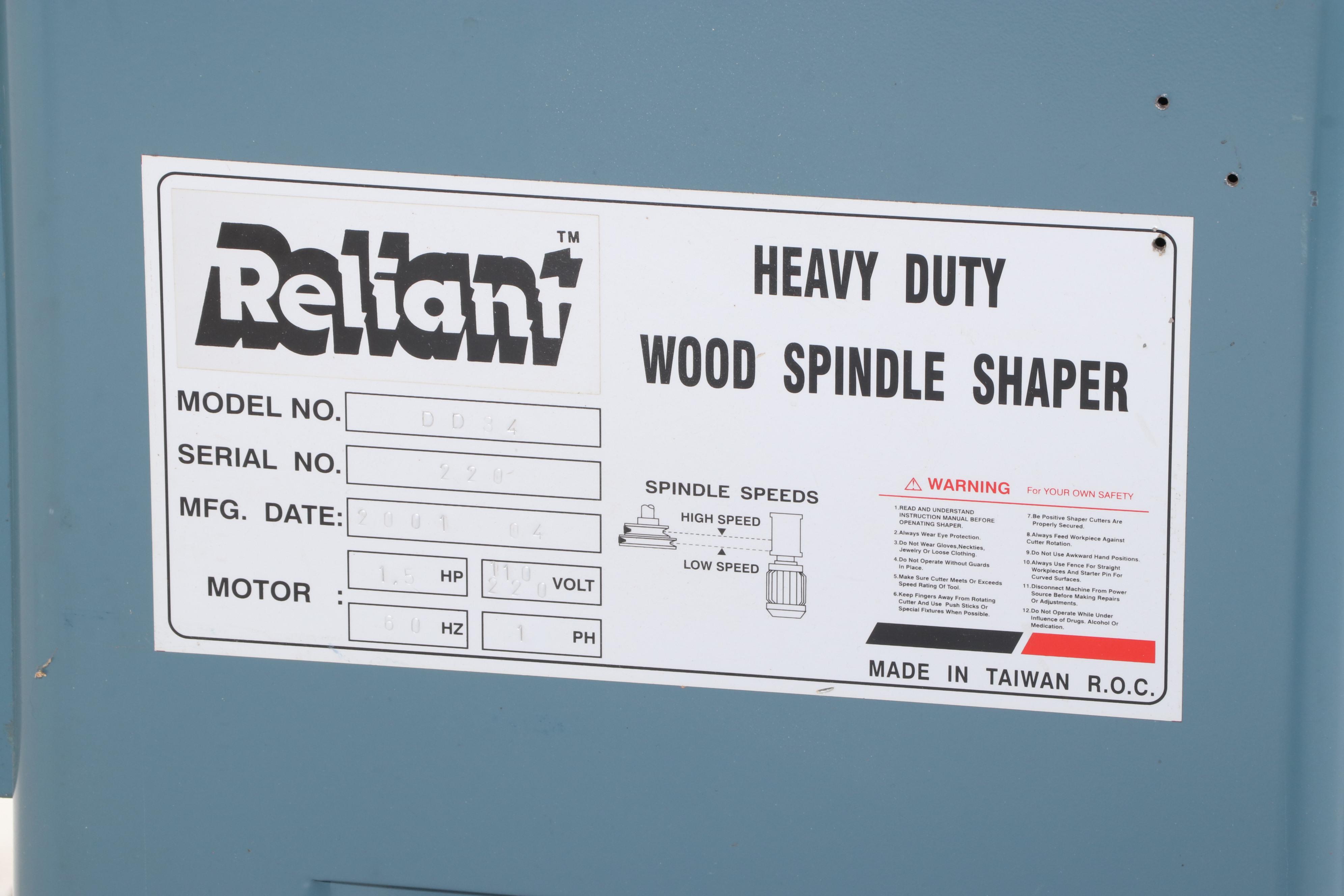 Reliant Heavy Duty Corded Electric Wood Spindle Shaper