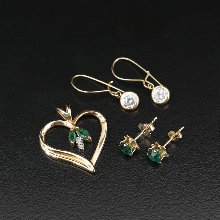 10K Emerald and Diamond Heart Pendant, Cubic Zirconia Dangle and Glass Stud
