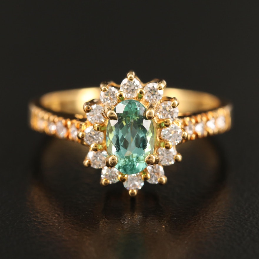18K Tourmaline Ring with Diamond Halo and Shoulders